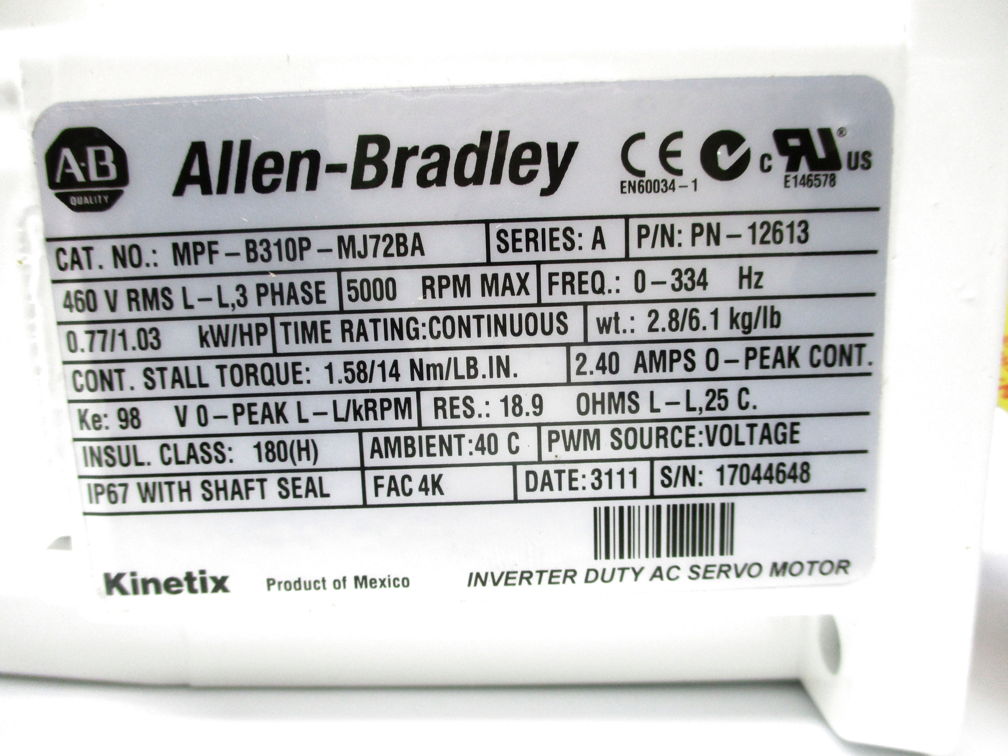 ALLEN BRADLEY MPF-B310P-MJ72BA SER. A NSMP