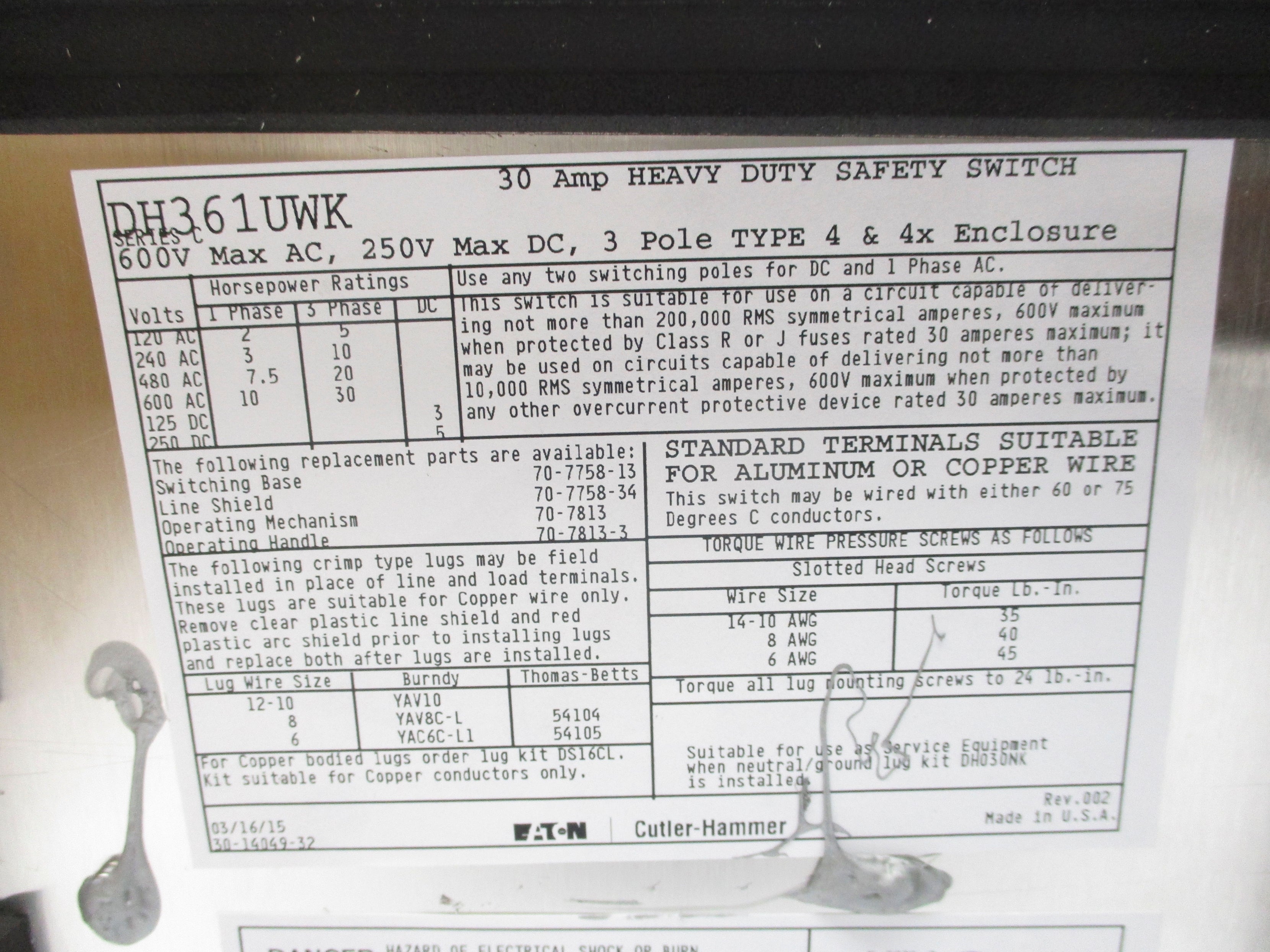 EATON DH361UWK (AS PICTURED) NSMP