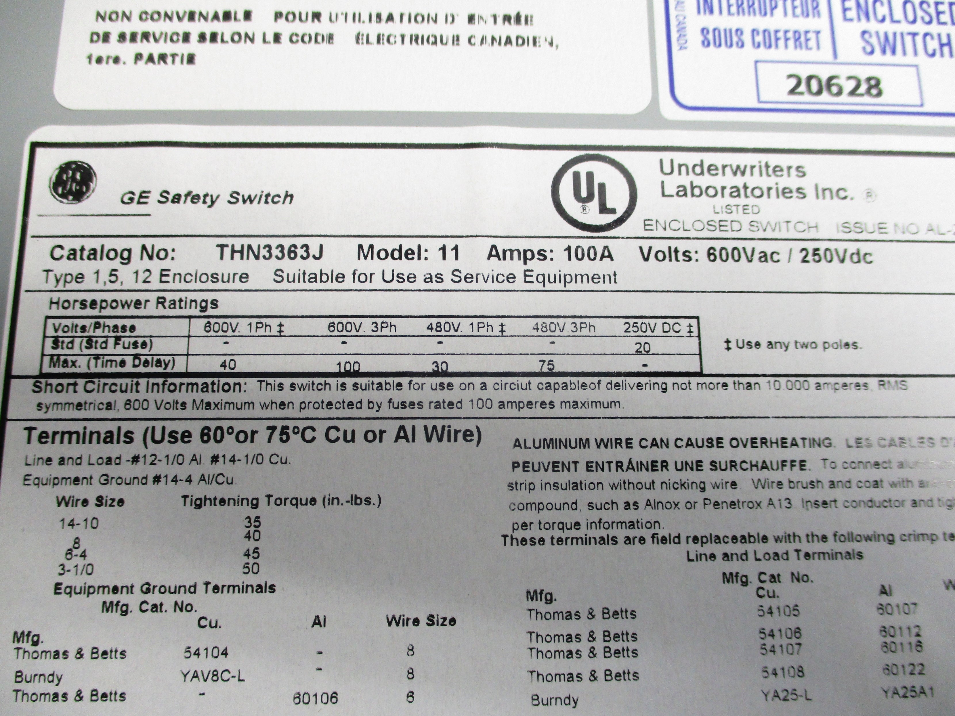 GENERAL ELECTRIC THN3363J 100A NSNP