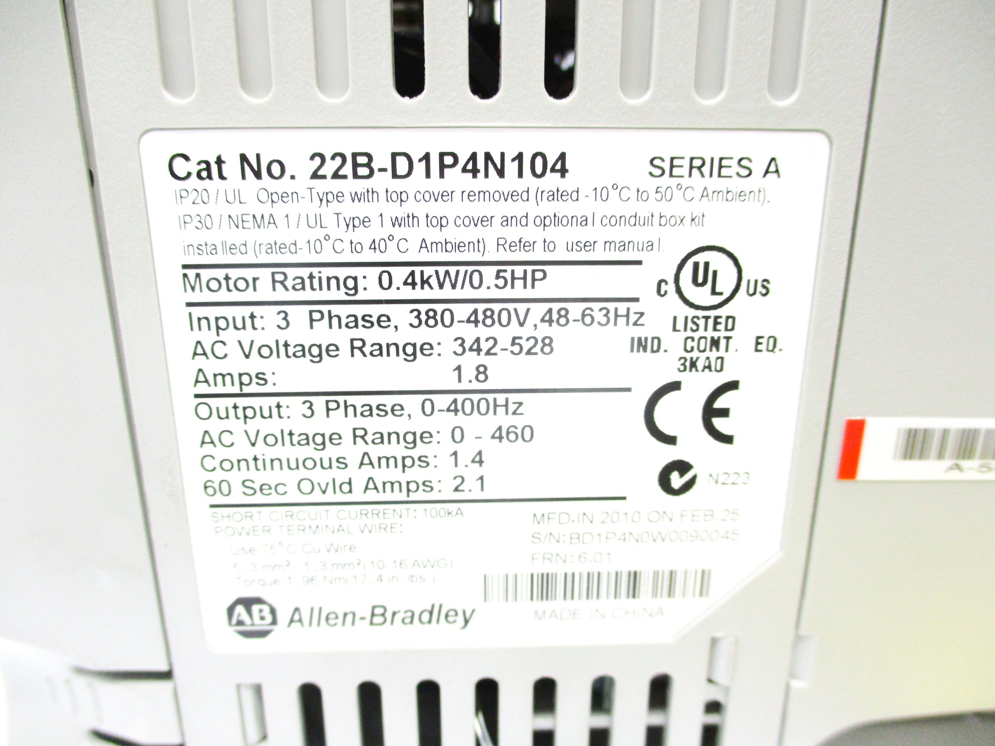 ALLEN BRADLEY 22B-D1P4N104 SER. A F/W 6.01 REMAN