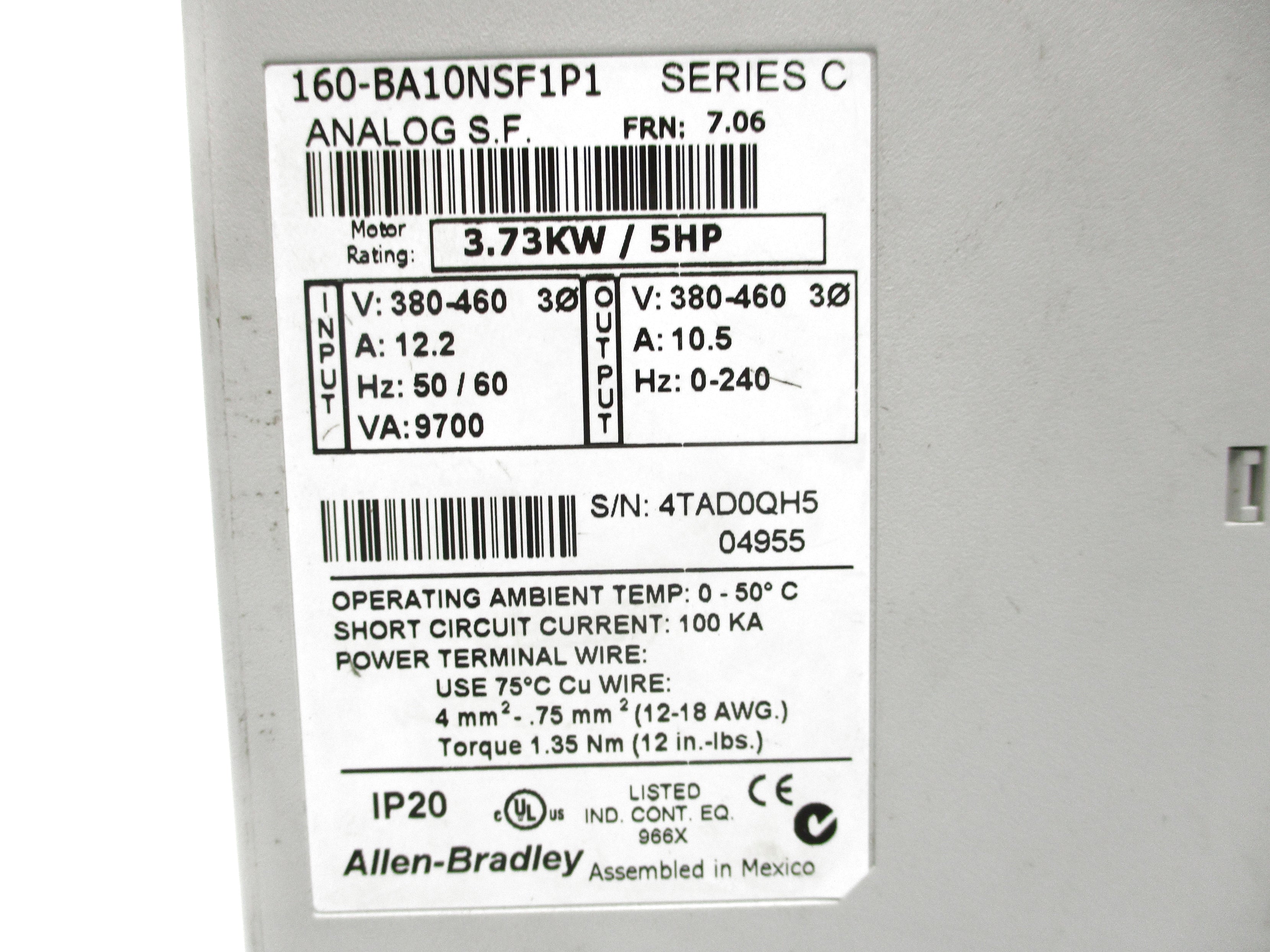 ALLEN BRADLEY 160-BA10NSF1P1 SER. C F/W 7.06 NSNP