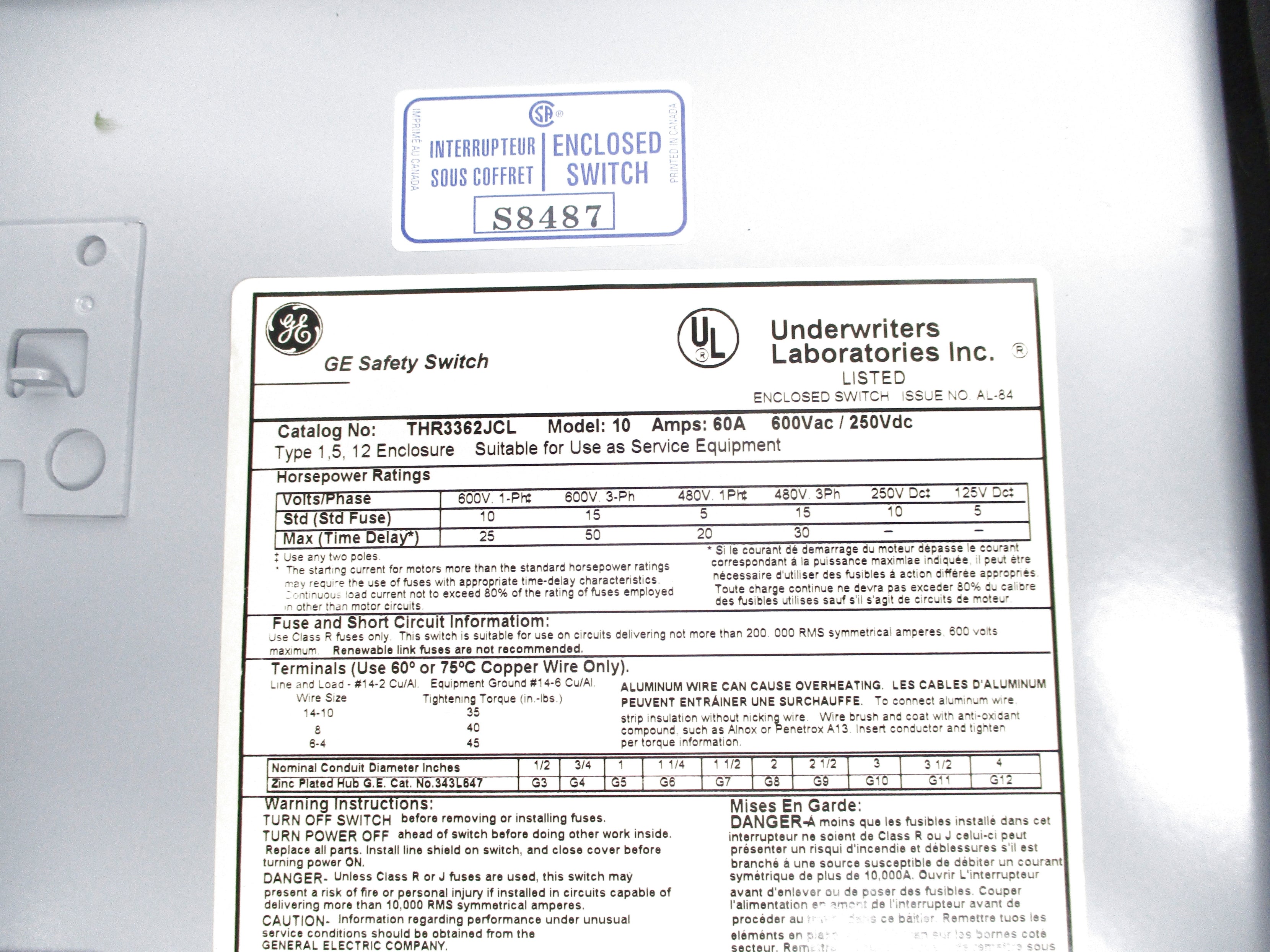 GENERAL ELECTRIC THR3362JCL 60A NSNP