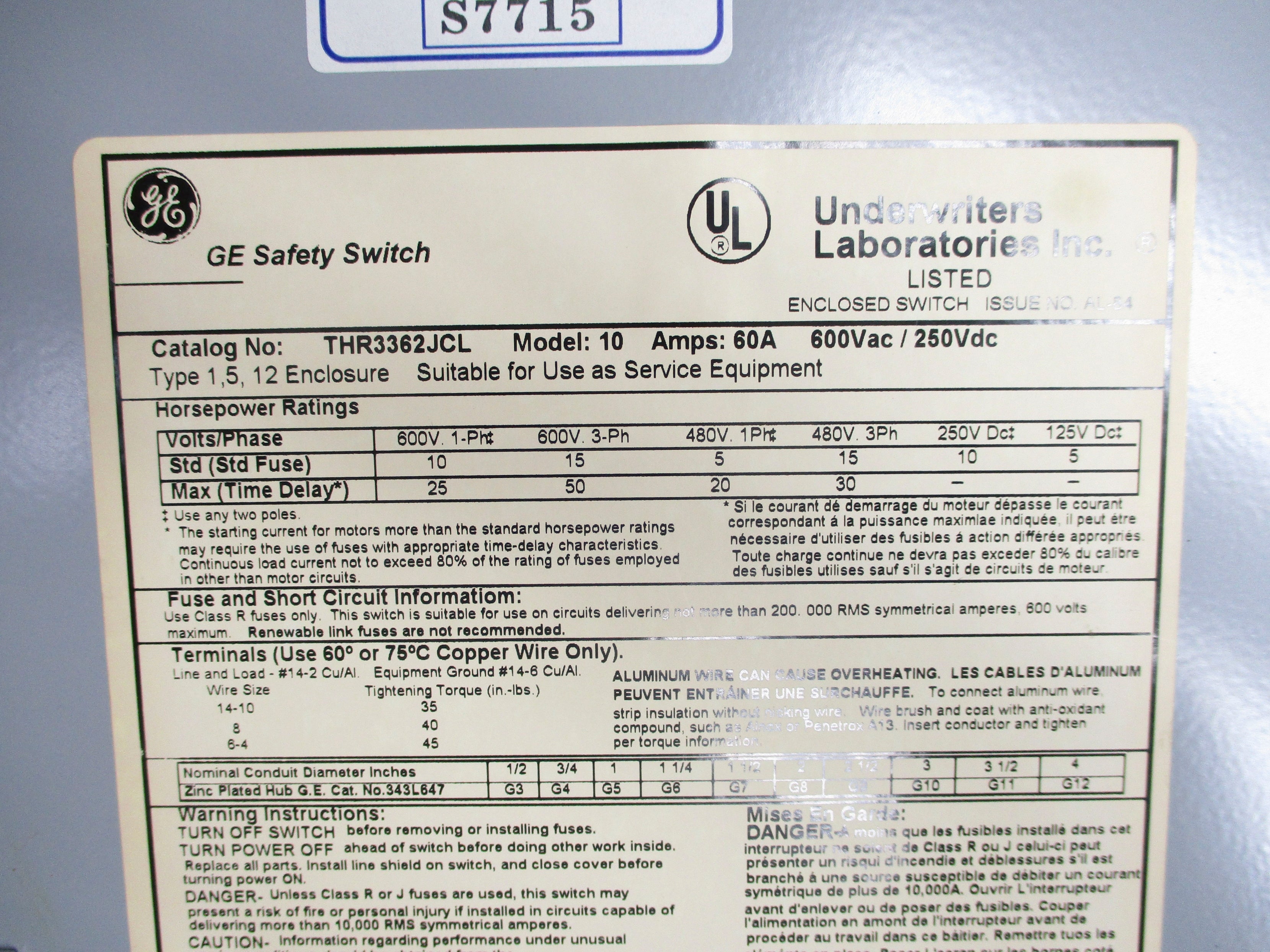 GENERAL ELECTRIC THR3362JCL MODEL 10 60A NSNP
