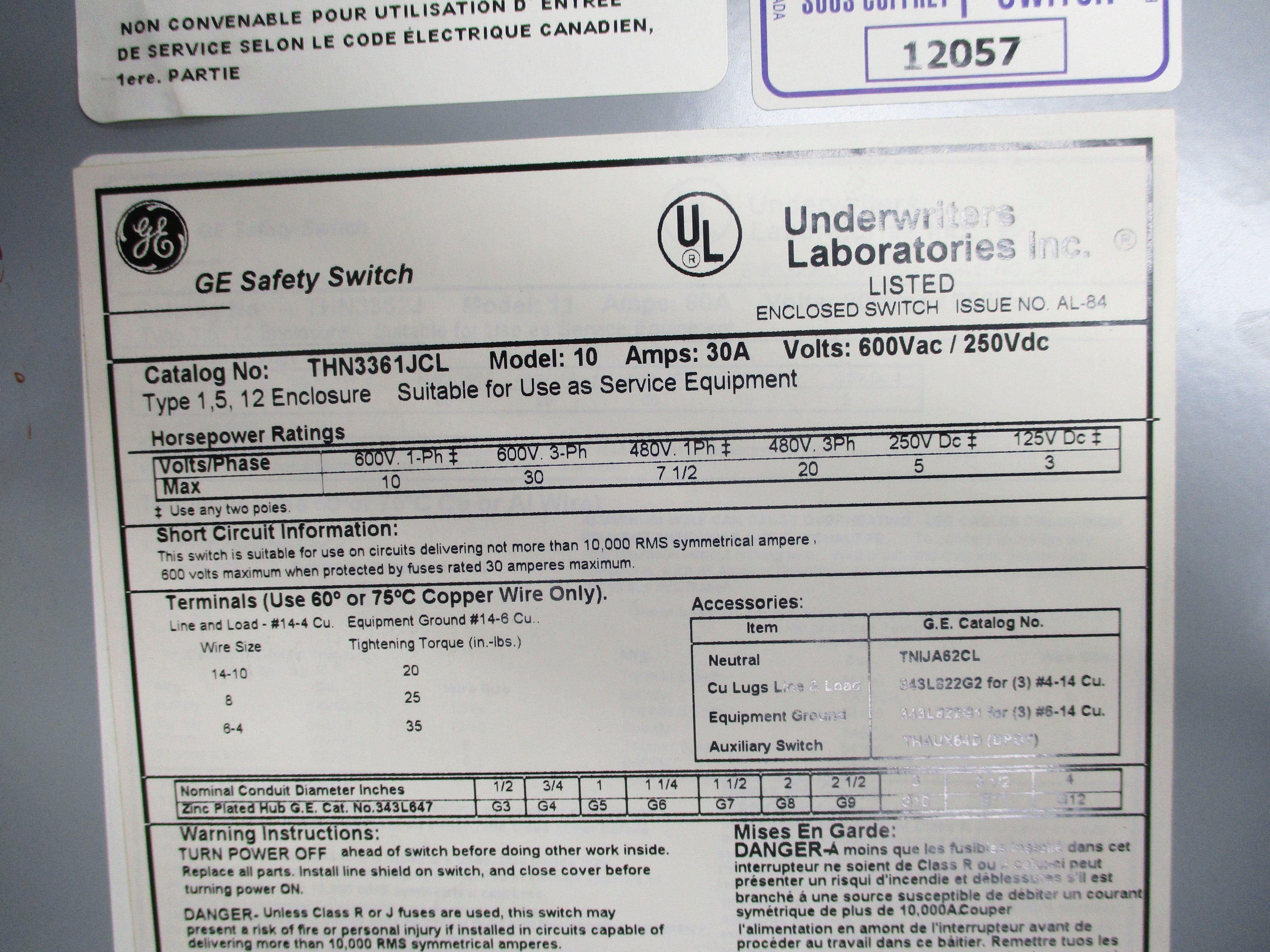 GENERAL ELECTRIC THN3361JCL MODEL 10 30A (AS PICTURED) NSNP