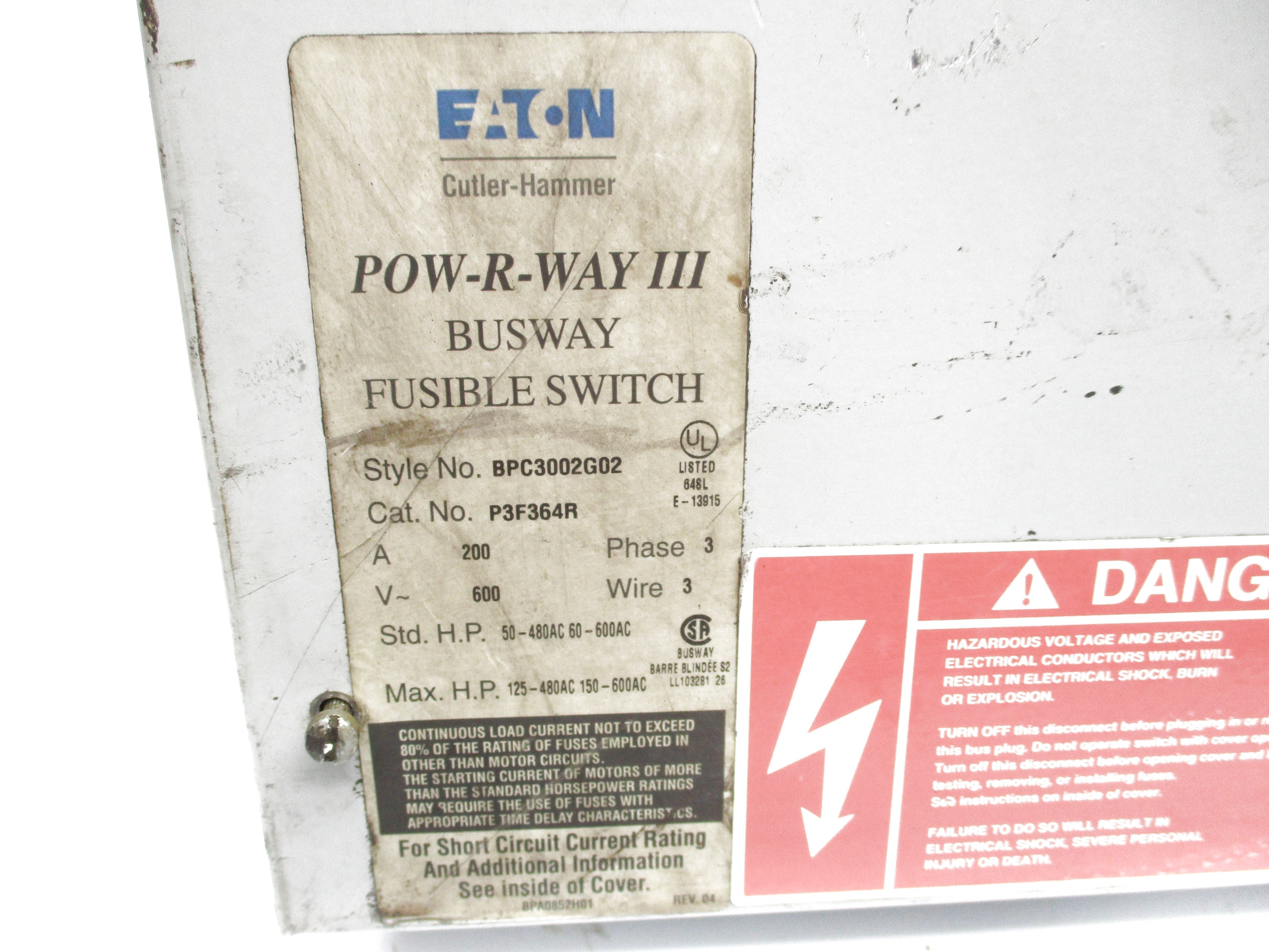 EATON P3F364R BPC3002G02 200A UNMP