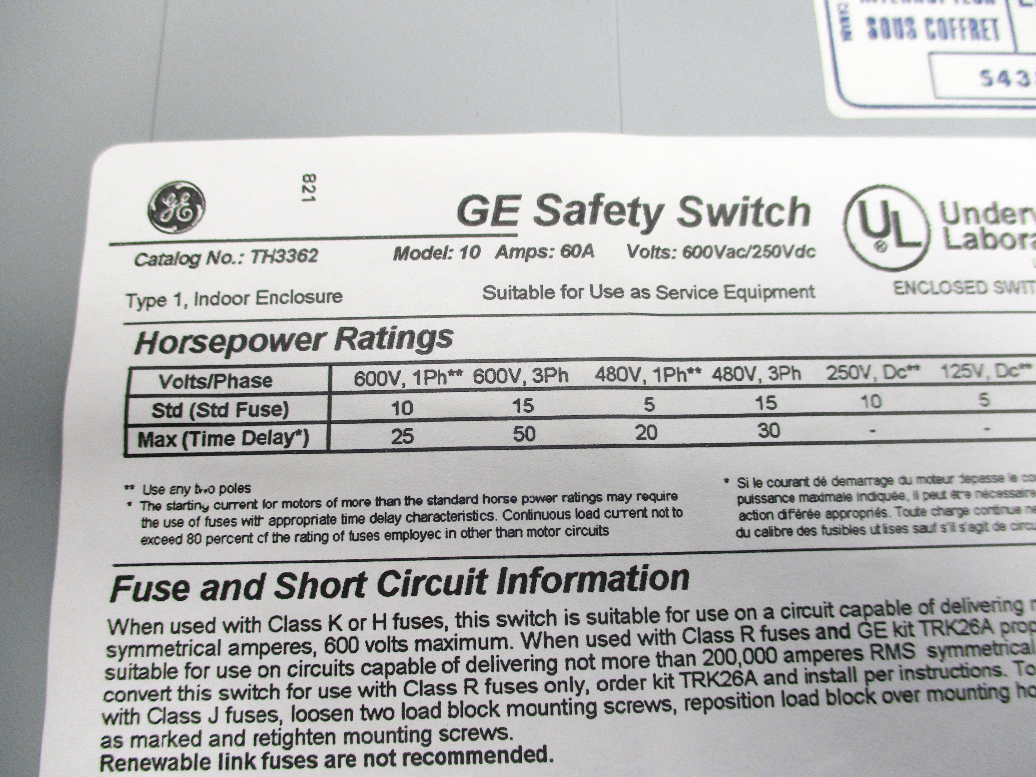 GENERAL ELECTRIC TH3362 MODEL 10 (AS PICTURED) NSNP