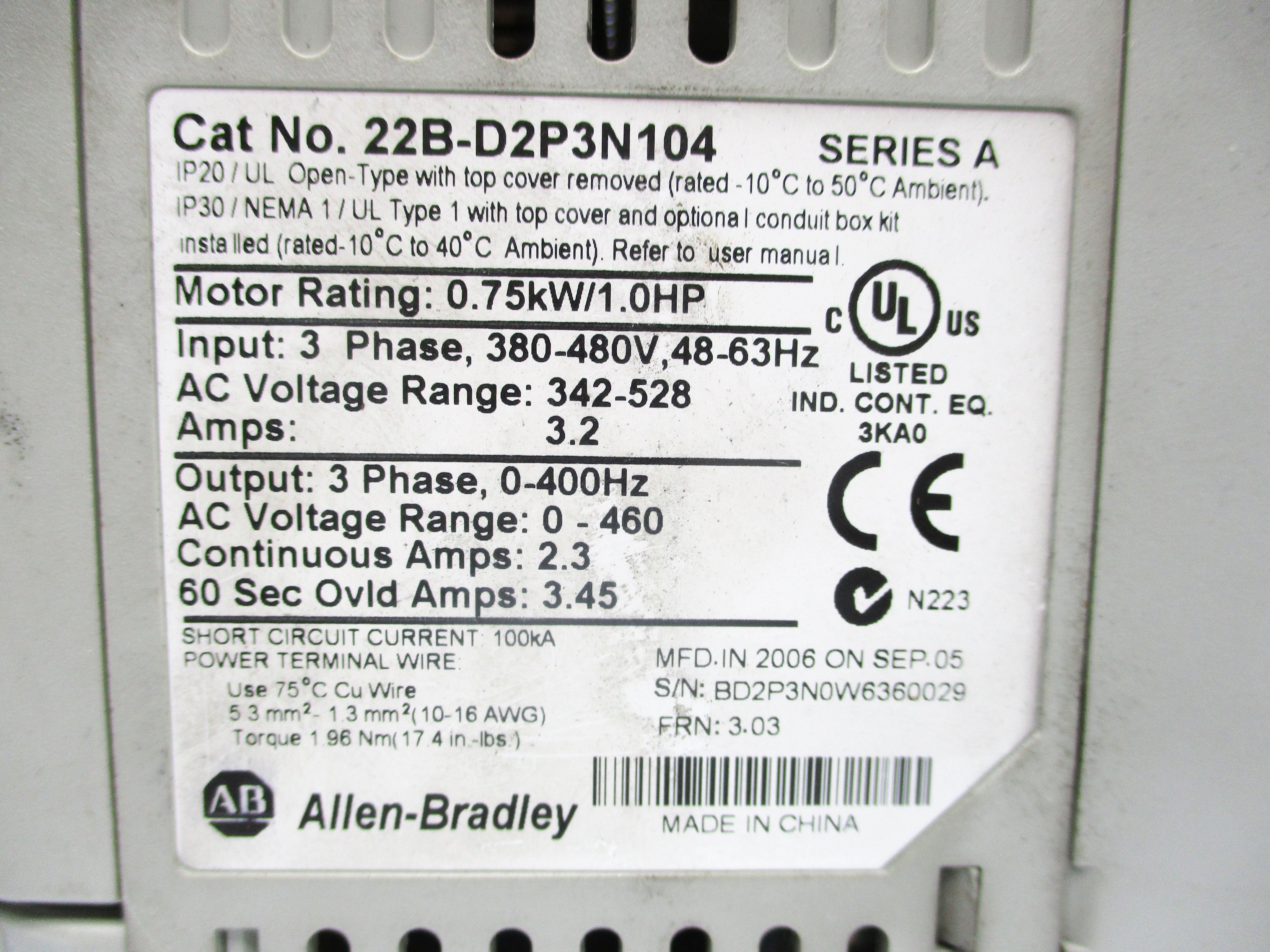 ALLEN BRADLEY 22B-D2P3N104 SER. A F/W 3.03 UNMP
