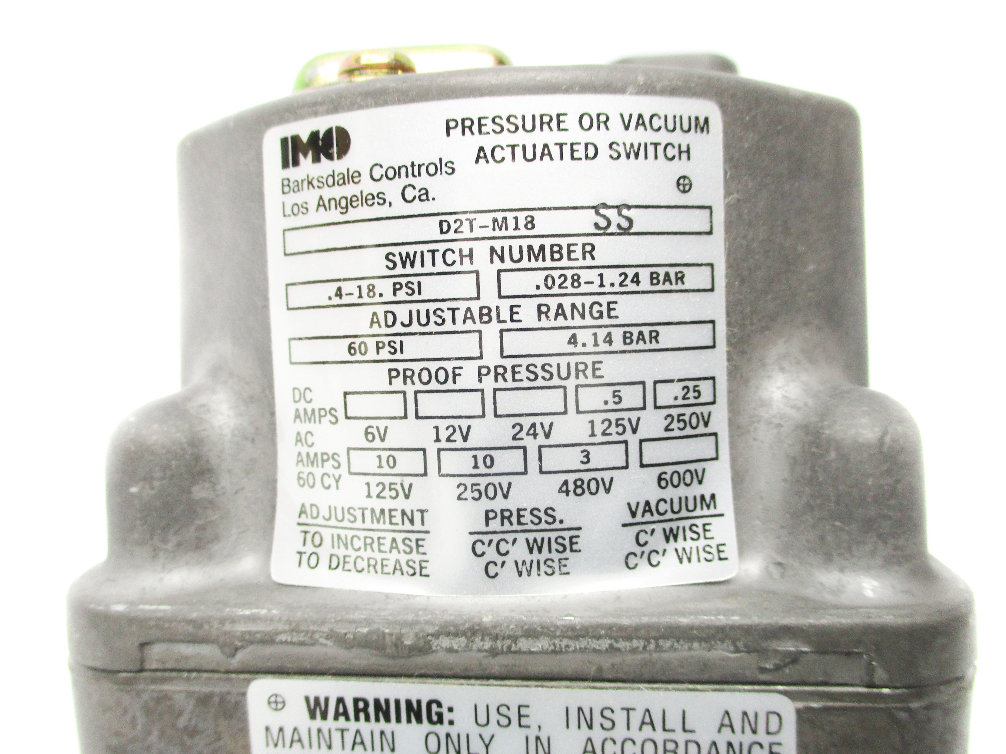 BARKSDALE D2T-M18SS 60 PSI NSMP