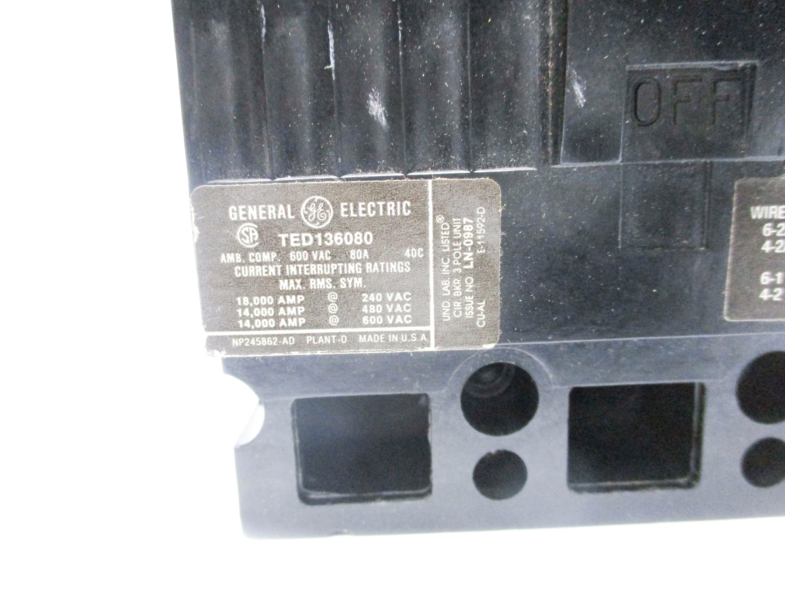 GENERAL ELECTRIC TED136080WL 80A NSMP