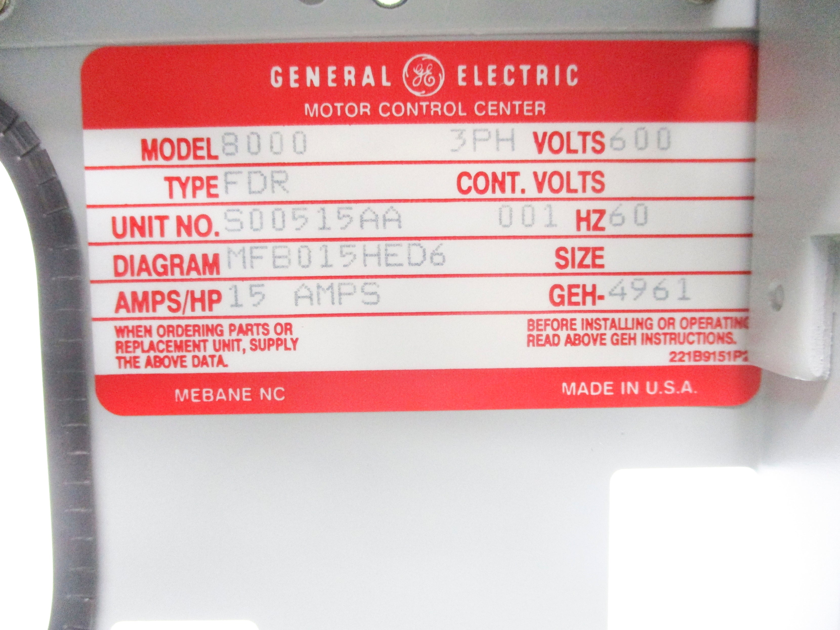 GENERAL ELECTRIC MFB015HED6 MODEL 8000 TYPE FDR NSMP