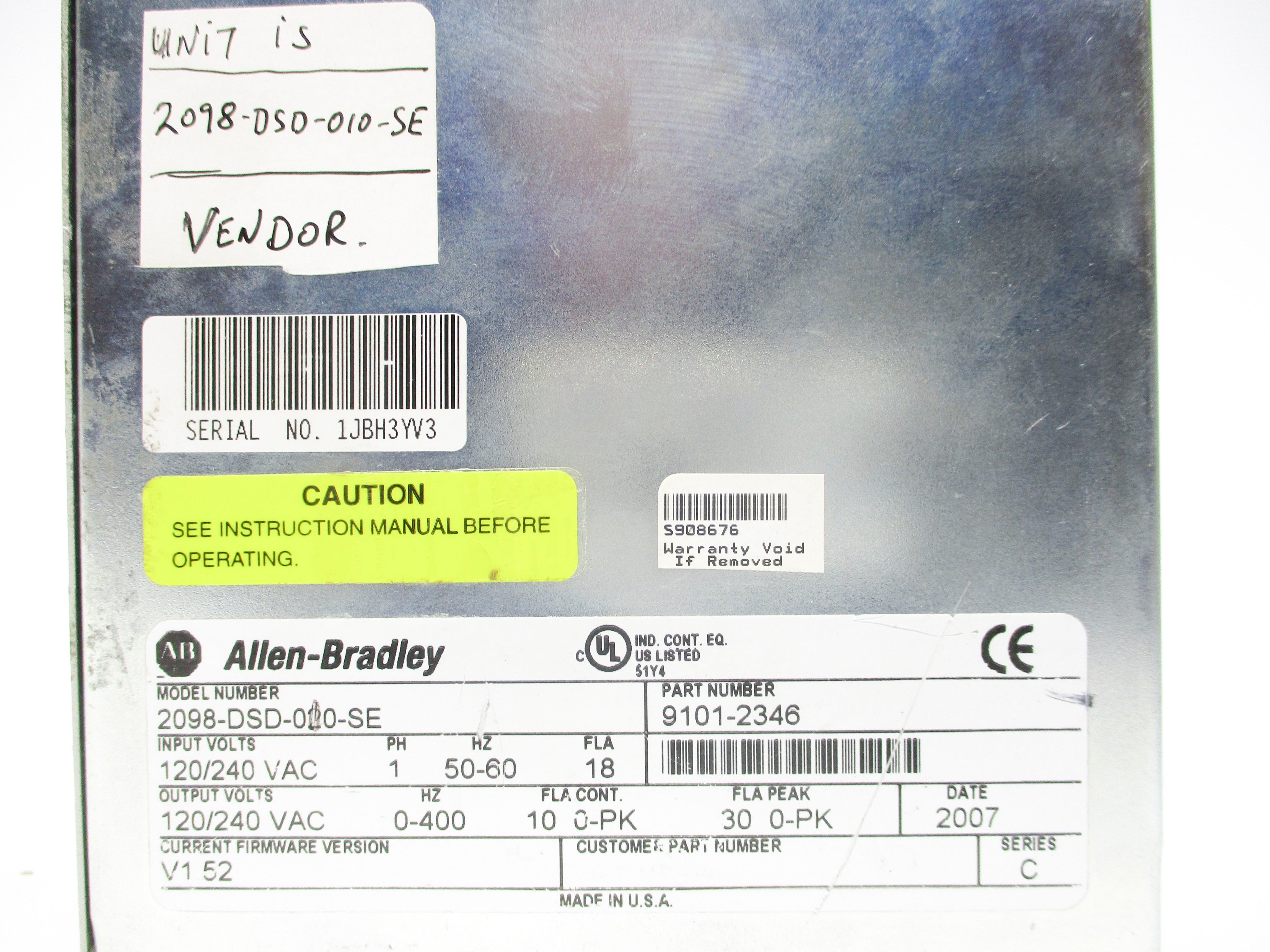 ALLEN BRADLEY 2098-DSD-010-SE SER. C F/W V1.52 UNMP
