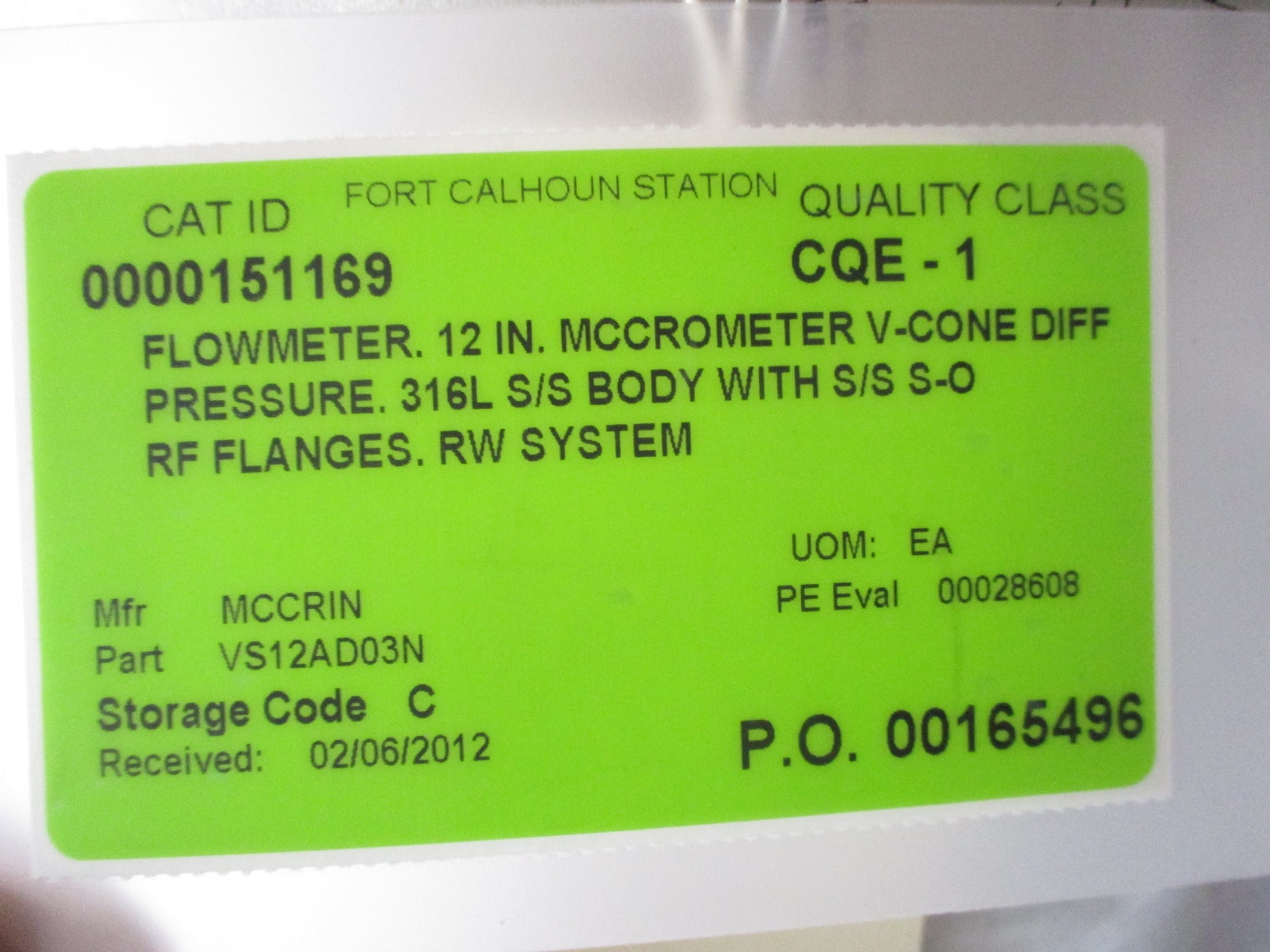 MCCROMETER VS12AD03N 12" FLOWMETER NSNP