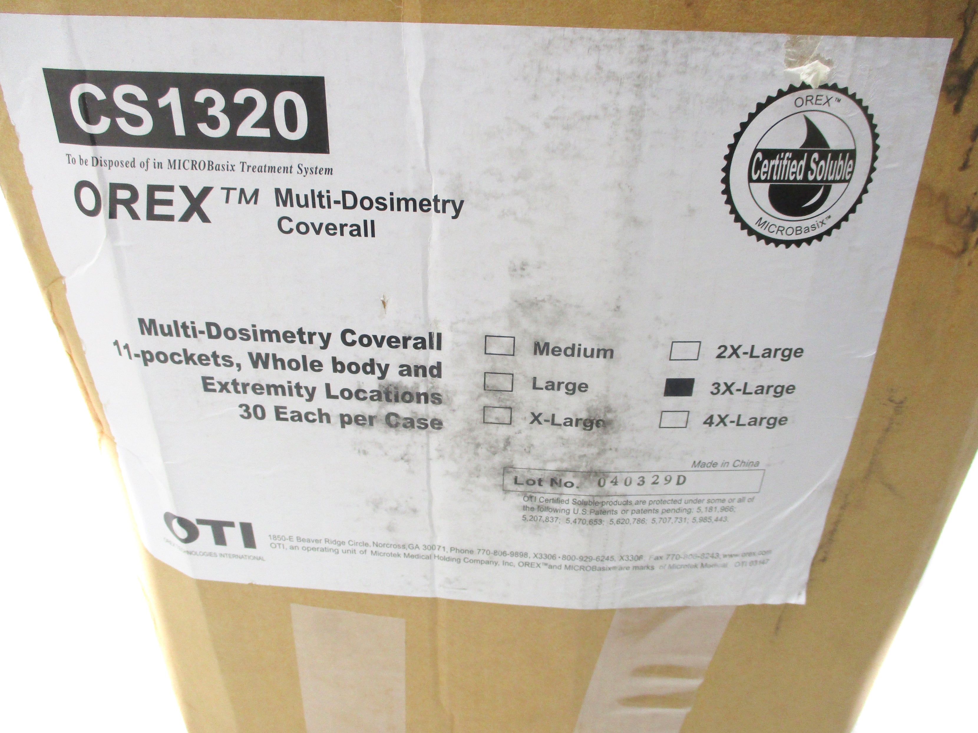 ETI OREX CS1320-3XL MULTI-DOSIMETRY COVERALL SIZE 3XL (PKG OF 30) NSMP