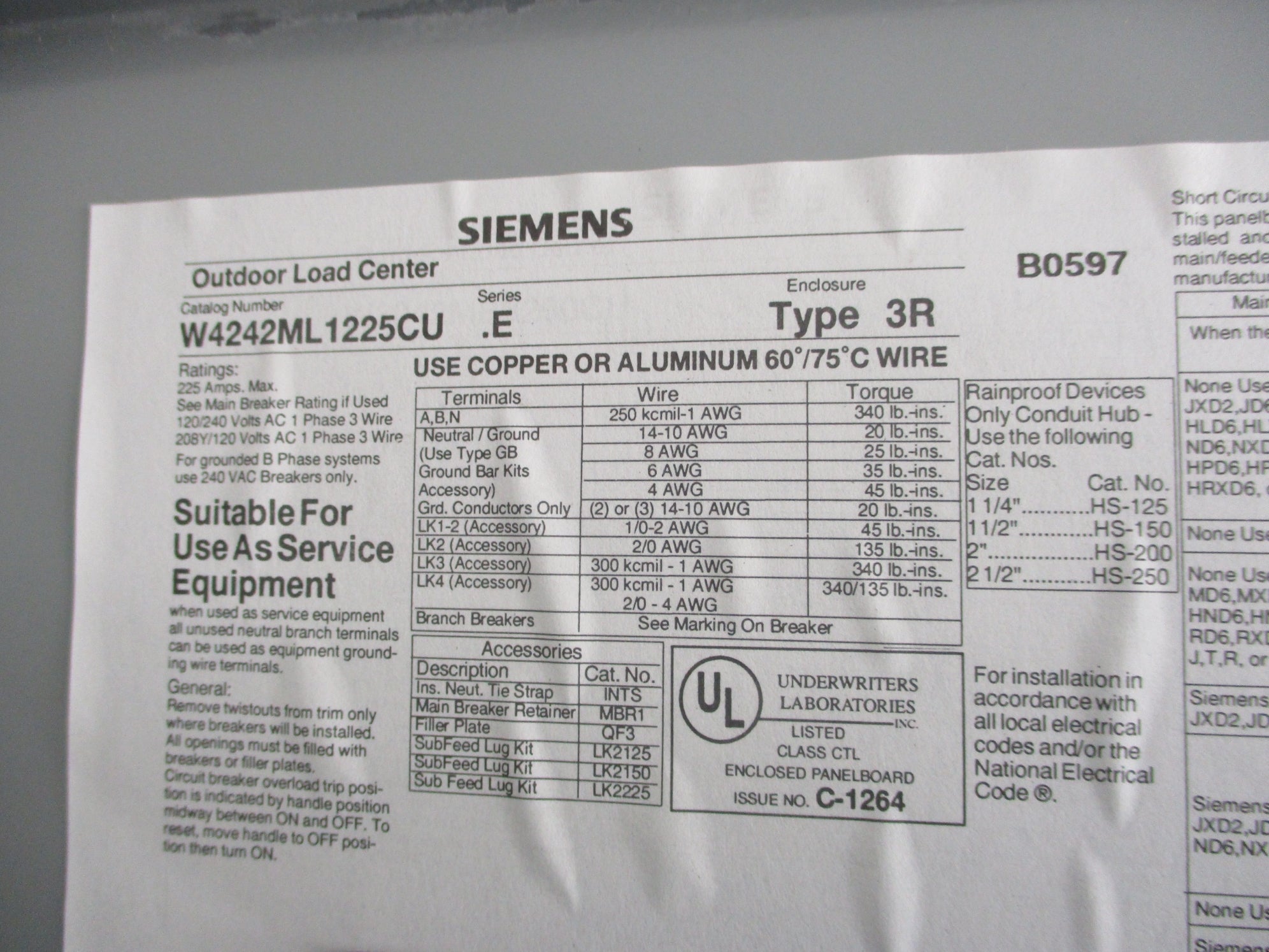 SIEMENS W4242ML1225CU 225A NSMP