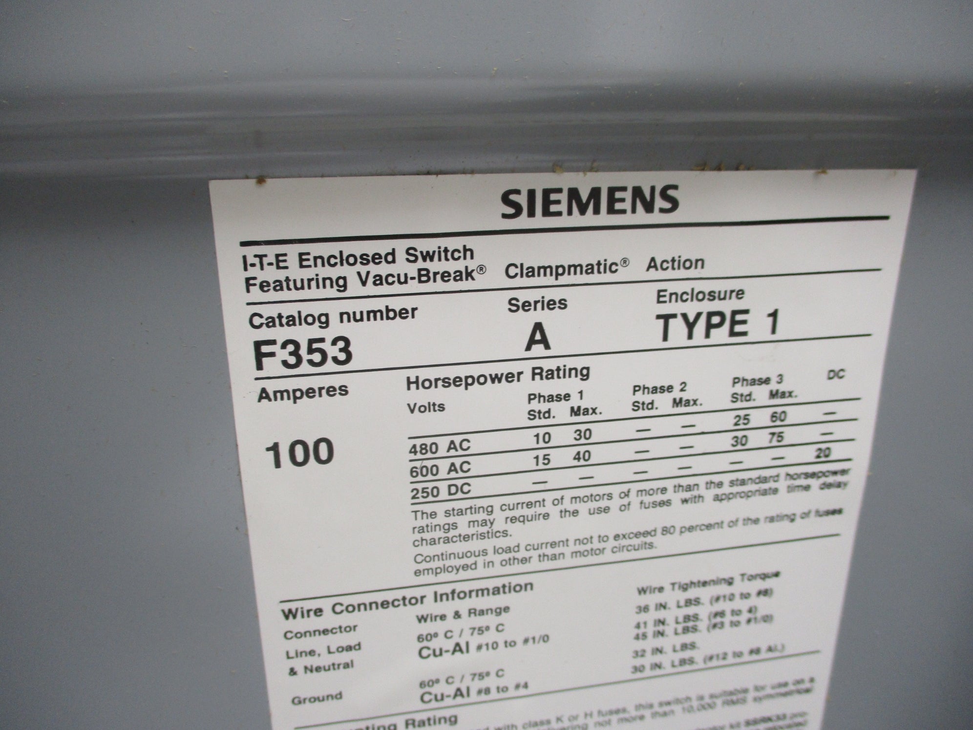 SIEMENS F353 100A NSMP
