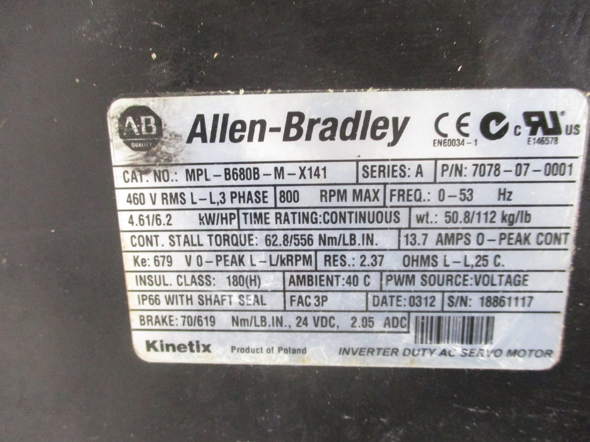 ALLEN BRADLEY MPL-B680B-M-X141 SER. A UNMP