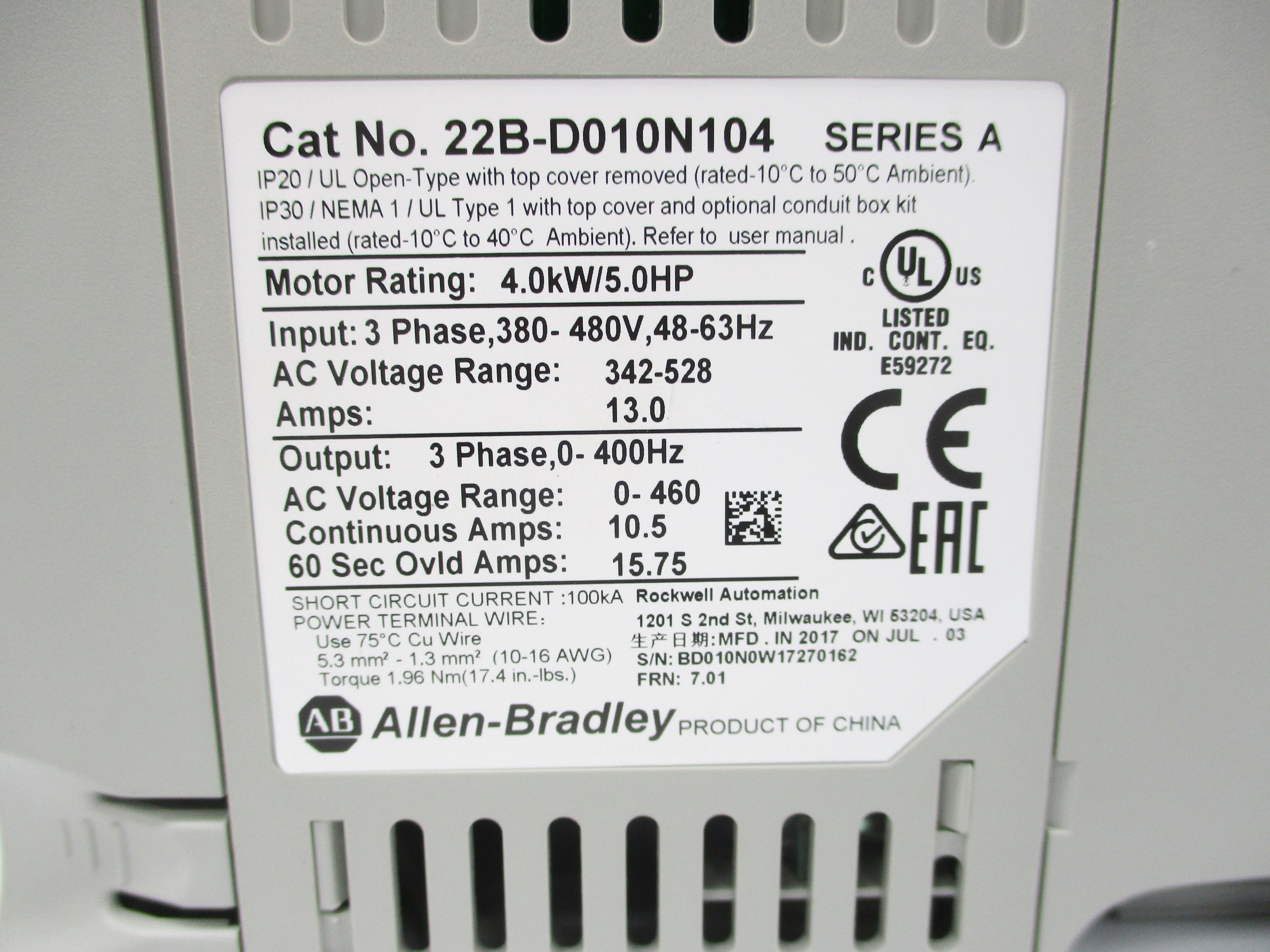 ALLEN BRADLEY 22B-D010N104 SER. A F/W 7.01 NSMP