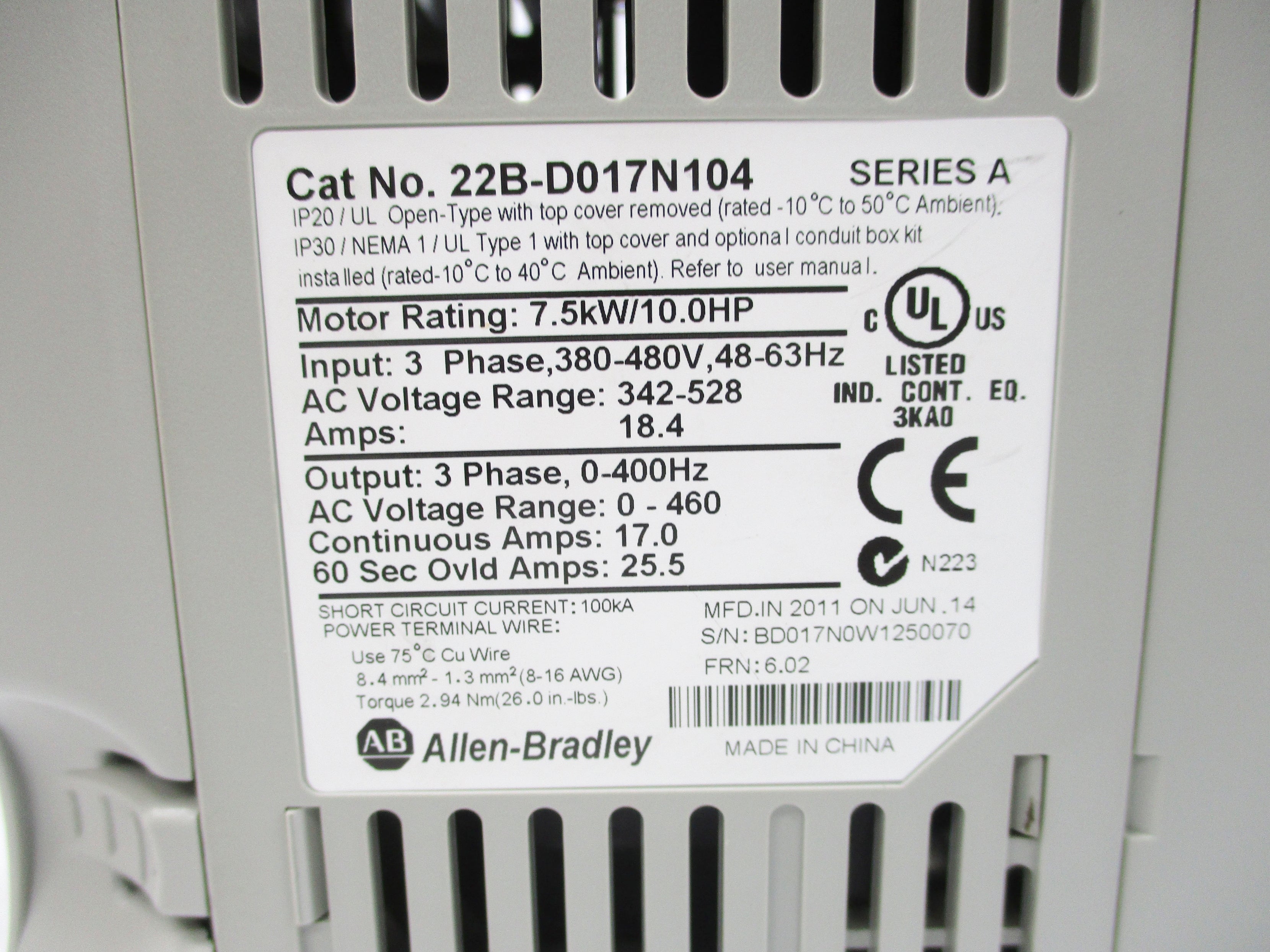 ALLEN BRADLEY 22B-D017N104 SER. A F/W 6.02 NSMP