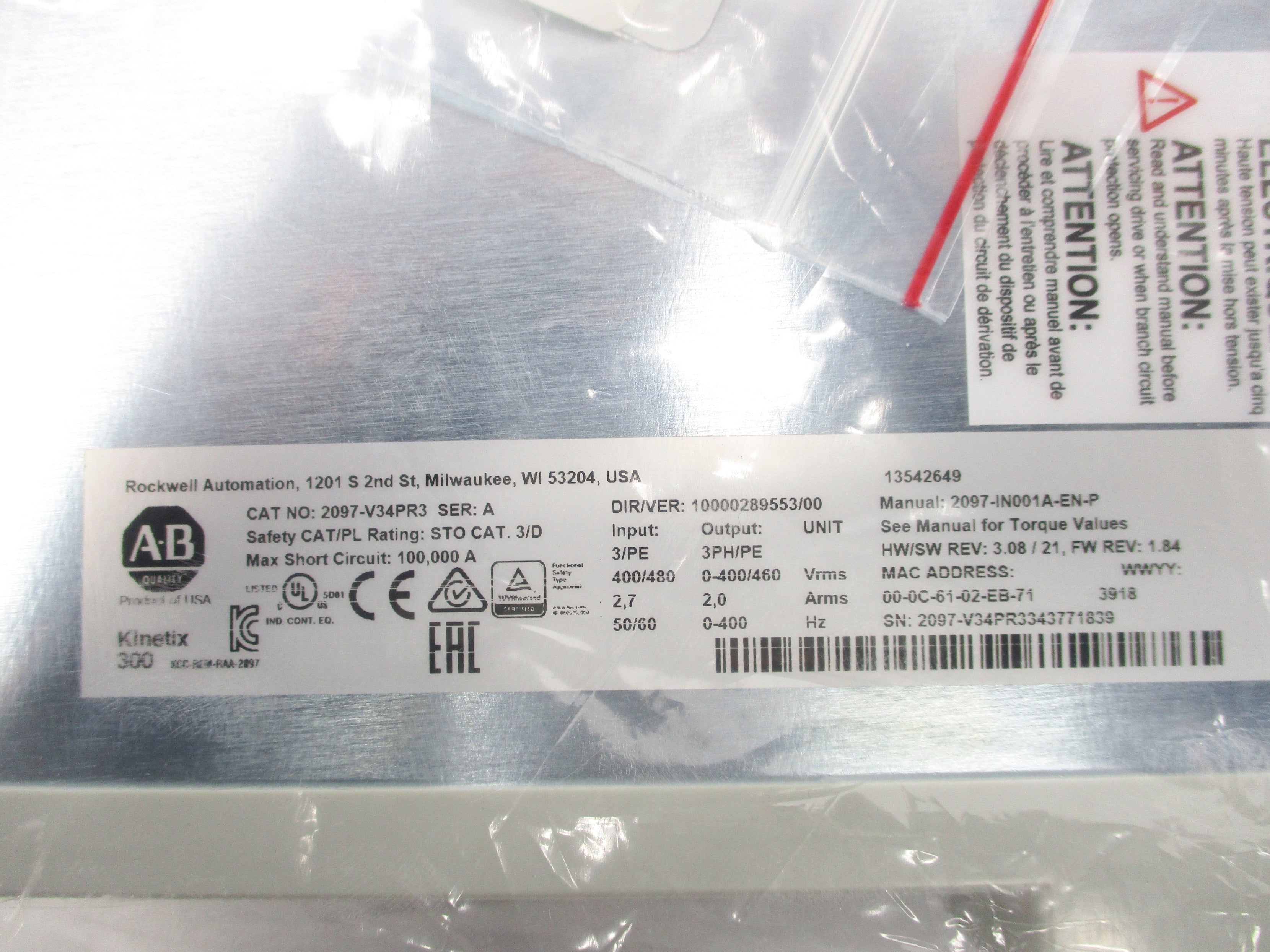 ALLEN BRADLEY 2097-V34PR3 SER. A F/W 1.84 NSMP