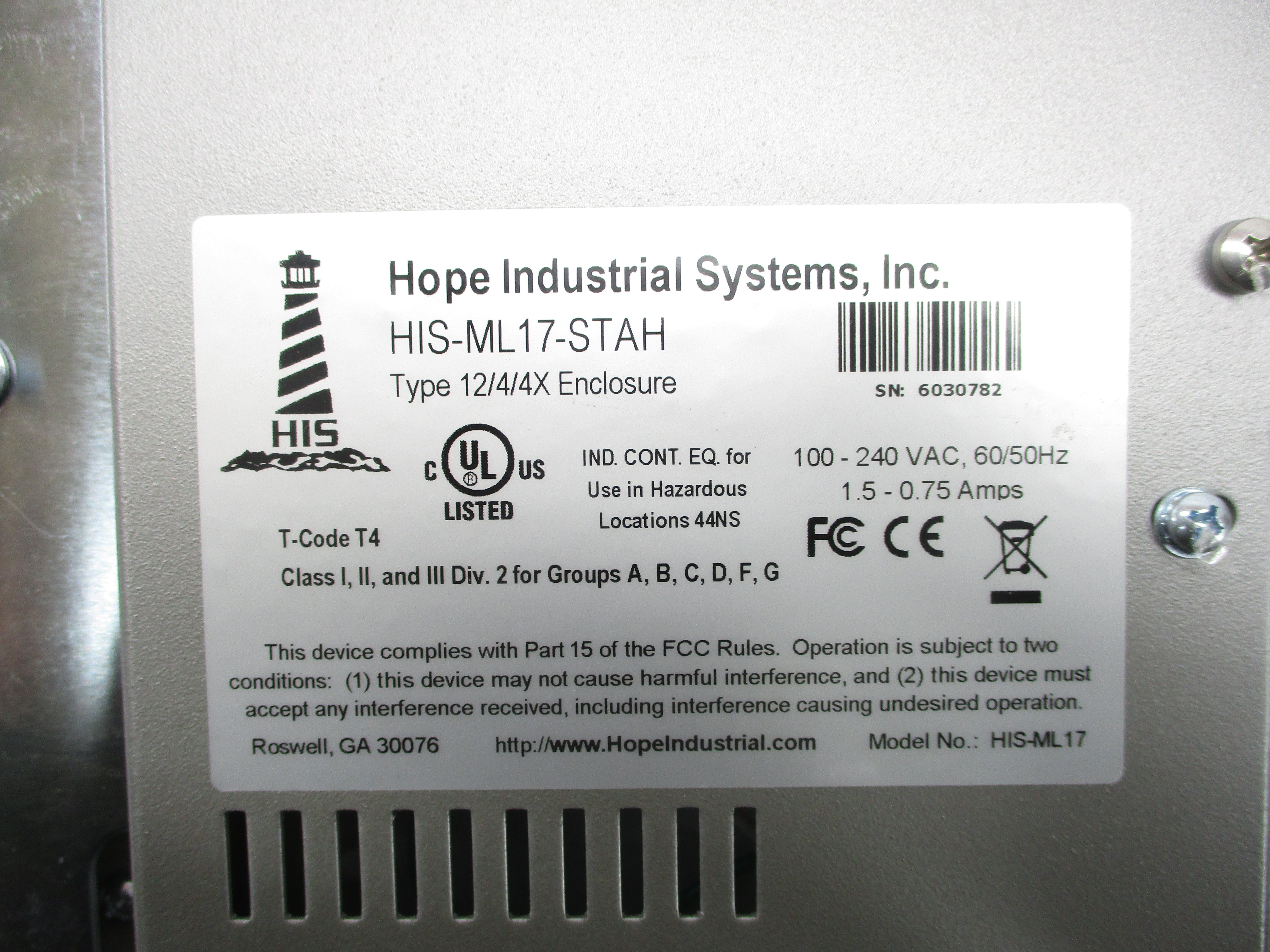HOPE INDUSTRIAL SYSTEMS HIS-ML17-STAH 100-240VAC 0.75/1.5A NSMP