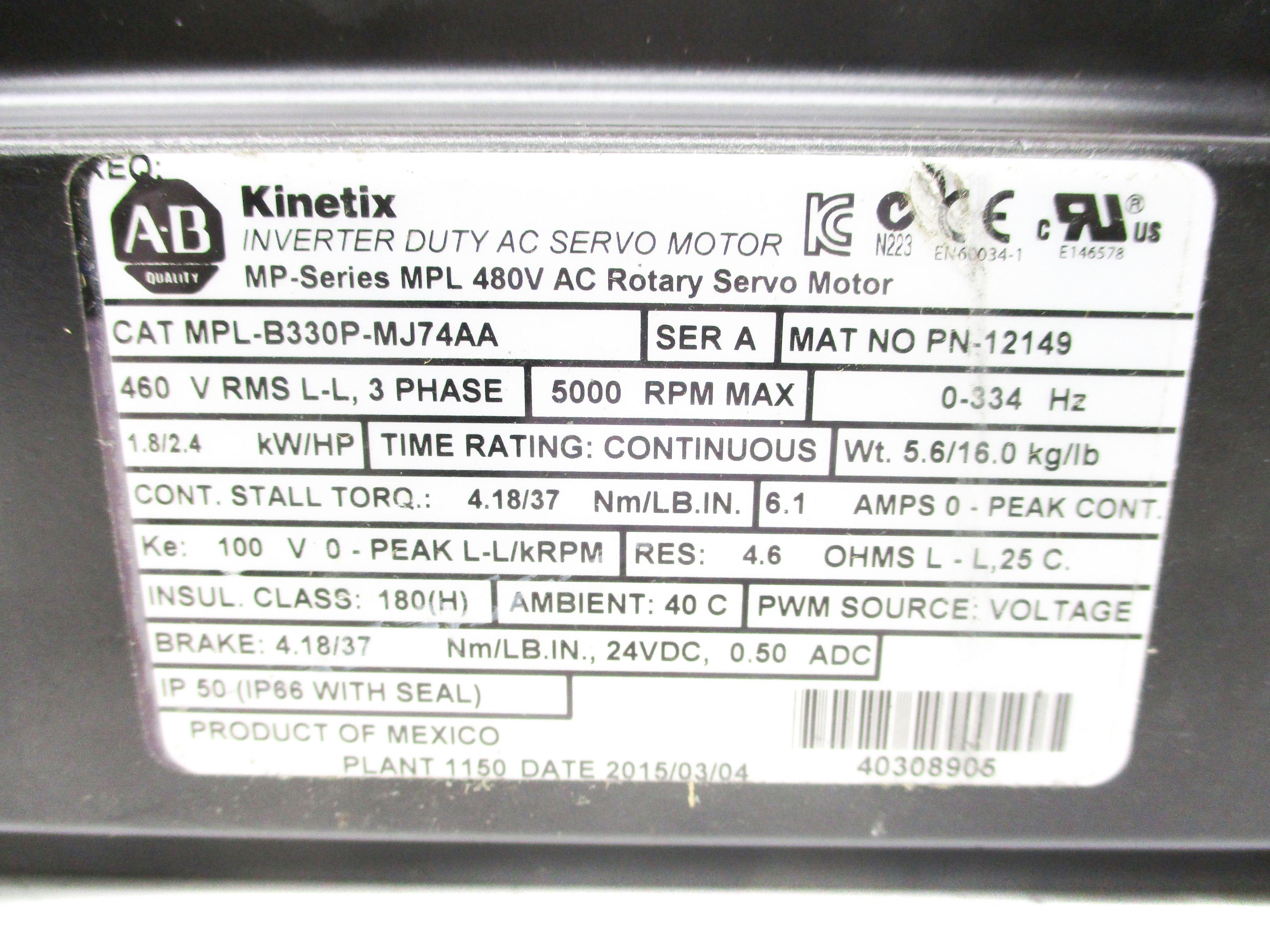 ALLEN BRADLEY MPL-B330P-MJ74AA SER. A NSMP