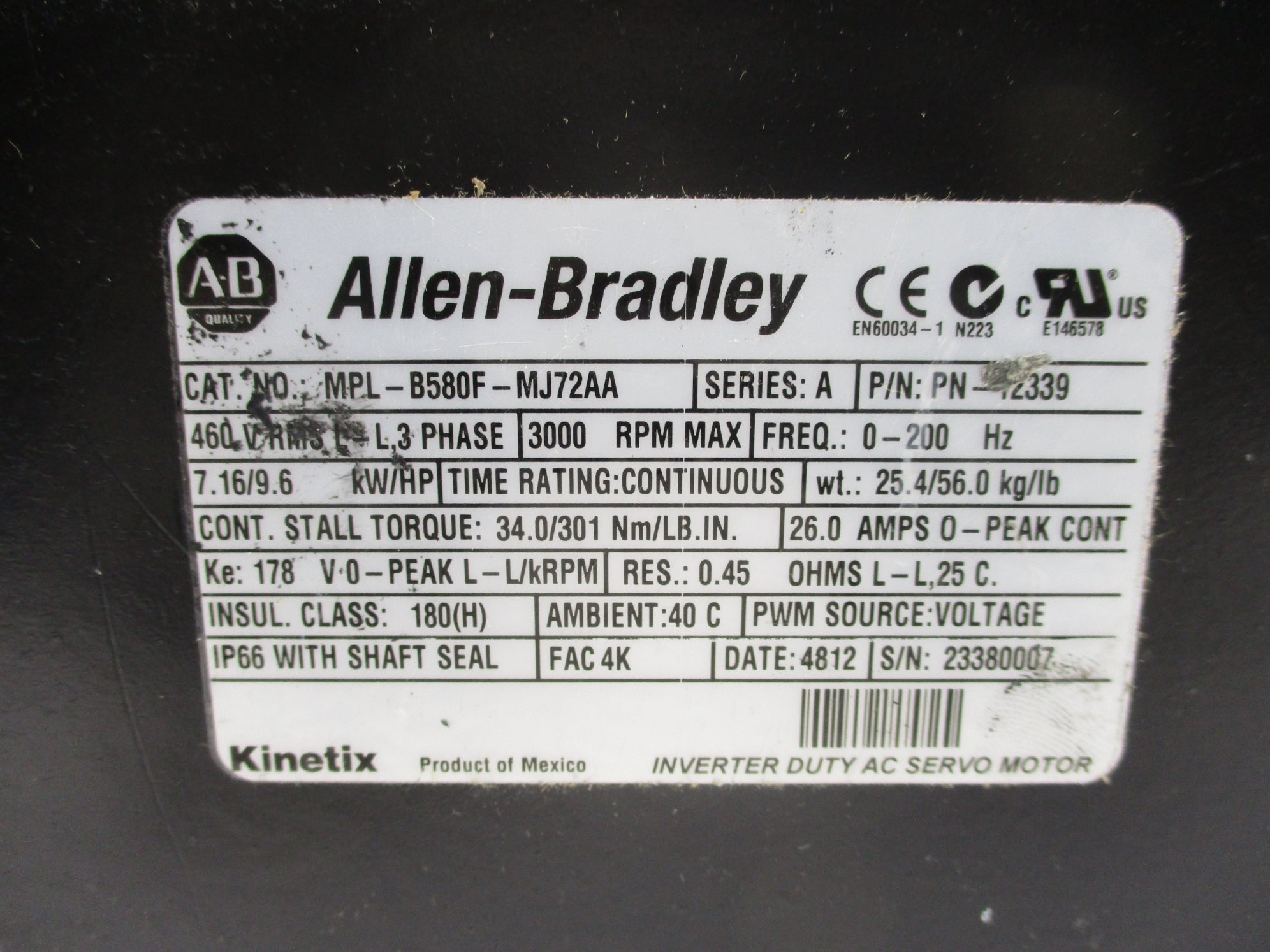 ALLEN BRADLEY MPL-B580F-MJ72AA SER. A NSMP