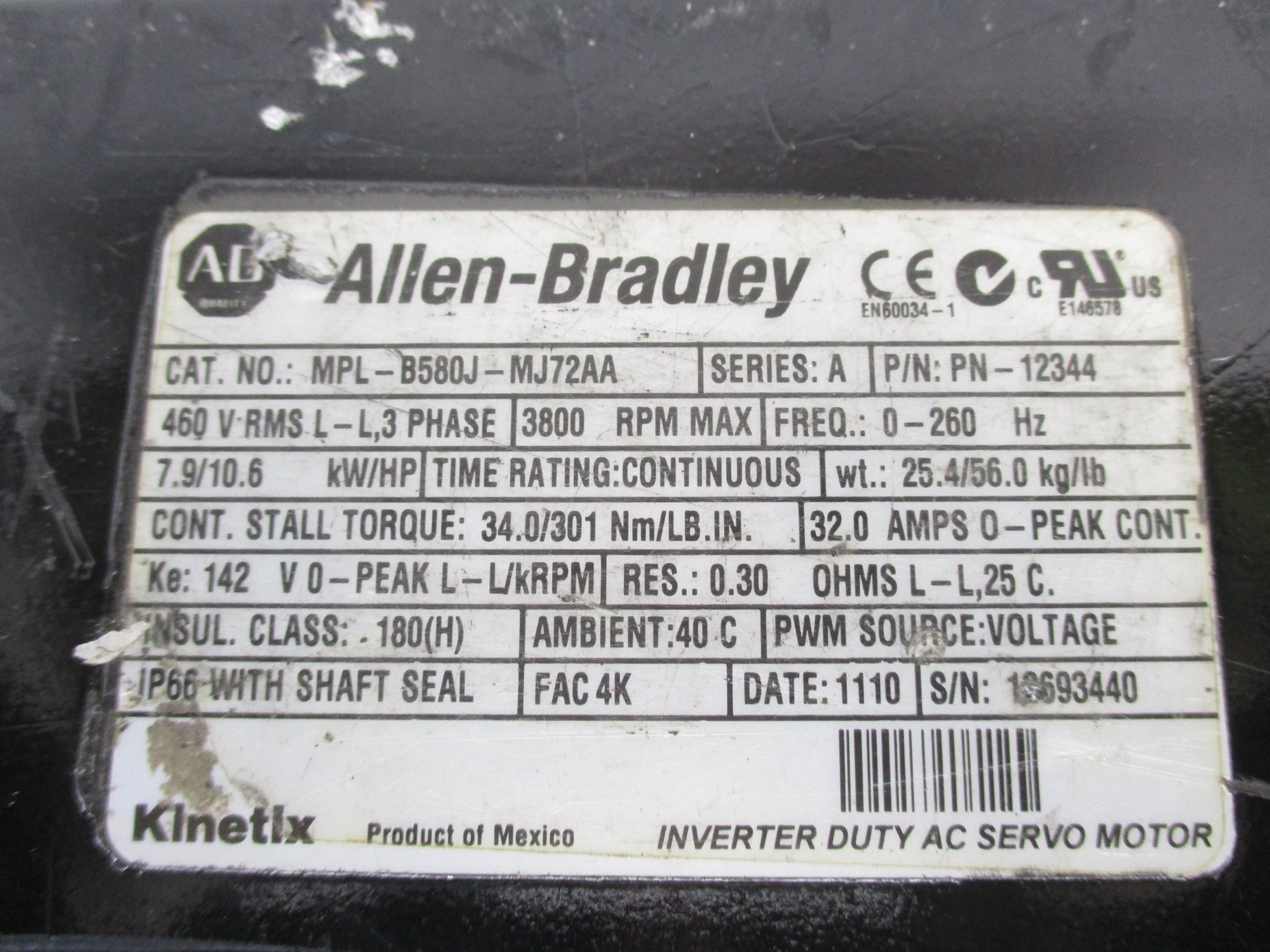 ALLEN BRADLEY MPL-B580J-MJ72AA SER. A REMAN