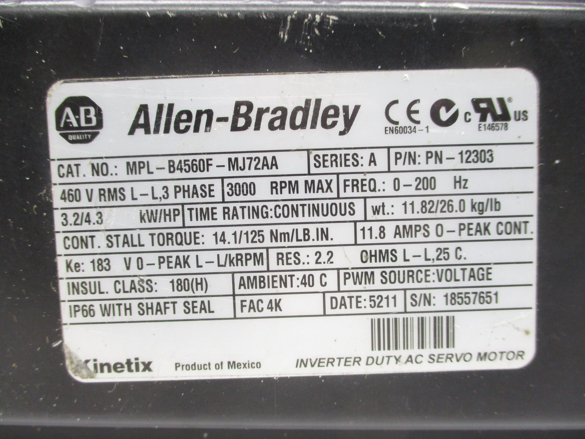 ALLEN BRADLEY MPL-B4560F-MJ72AA SER. A UNMP