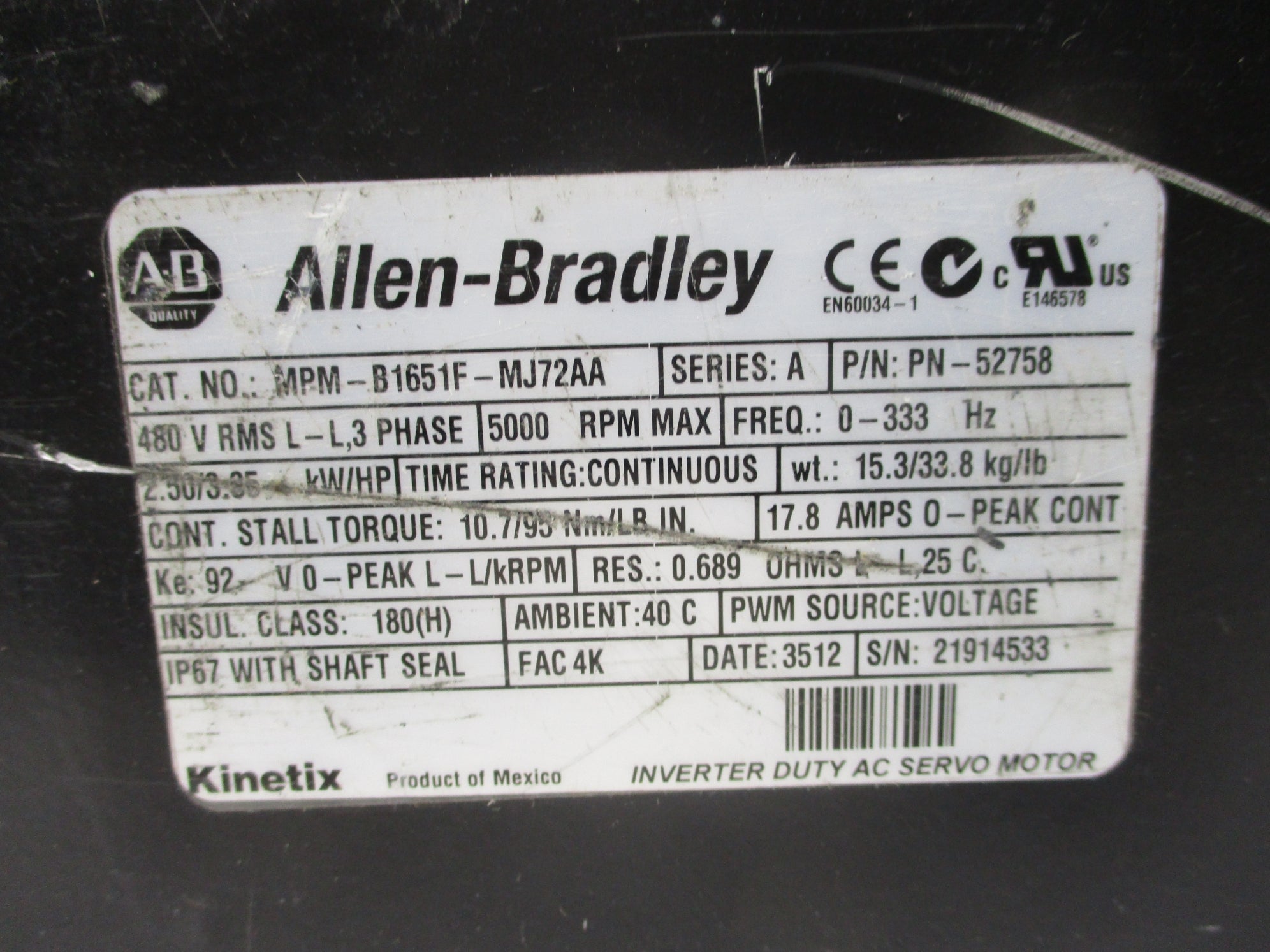 ALLEN BRADLEY MPM-B1651F-MJ72AA SER. A UNMP