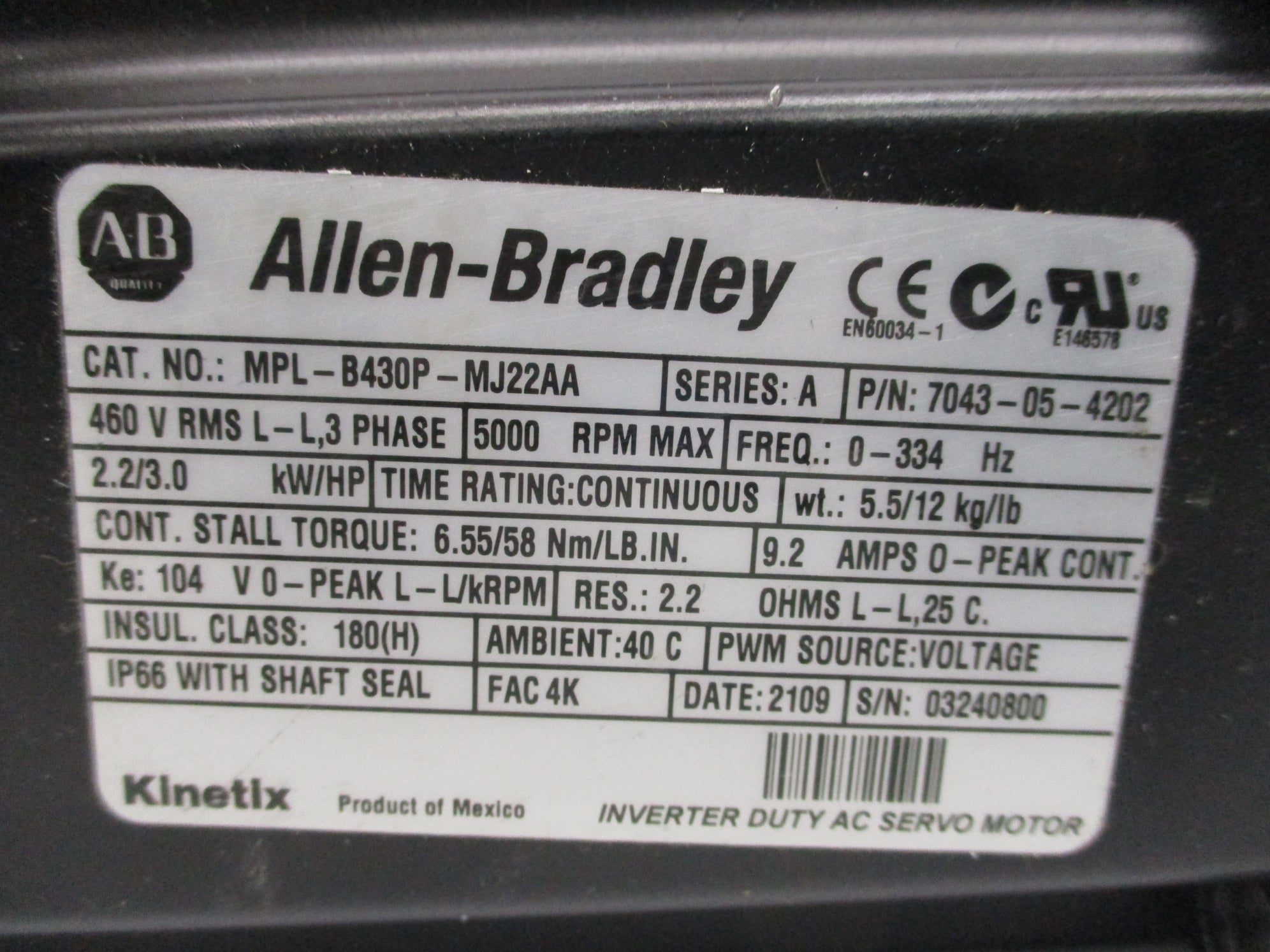 ALLEN BRADLEY MPL-B430P-MJ22AA SER. A UNMP