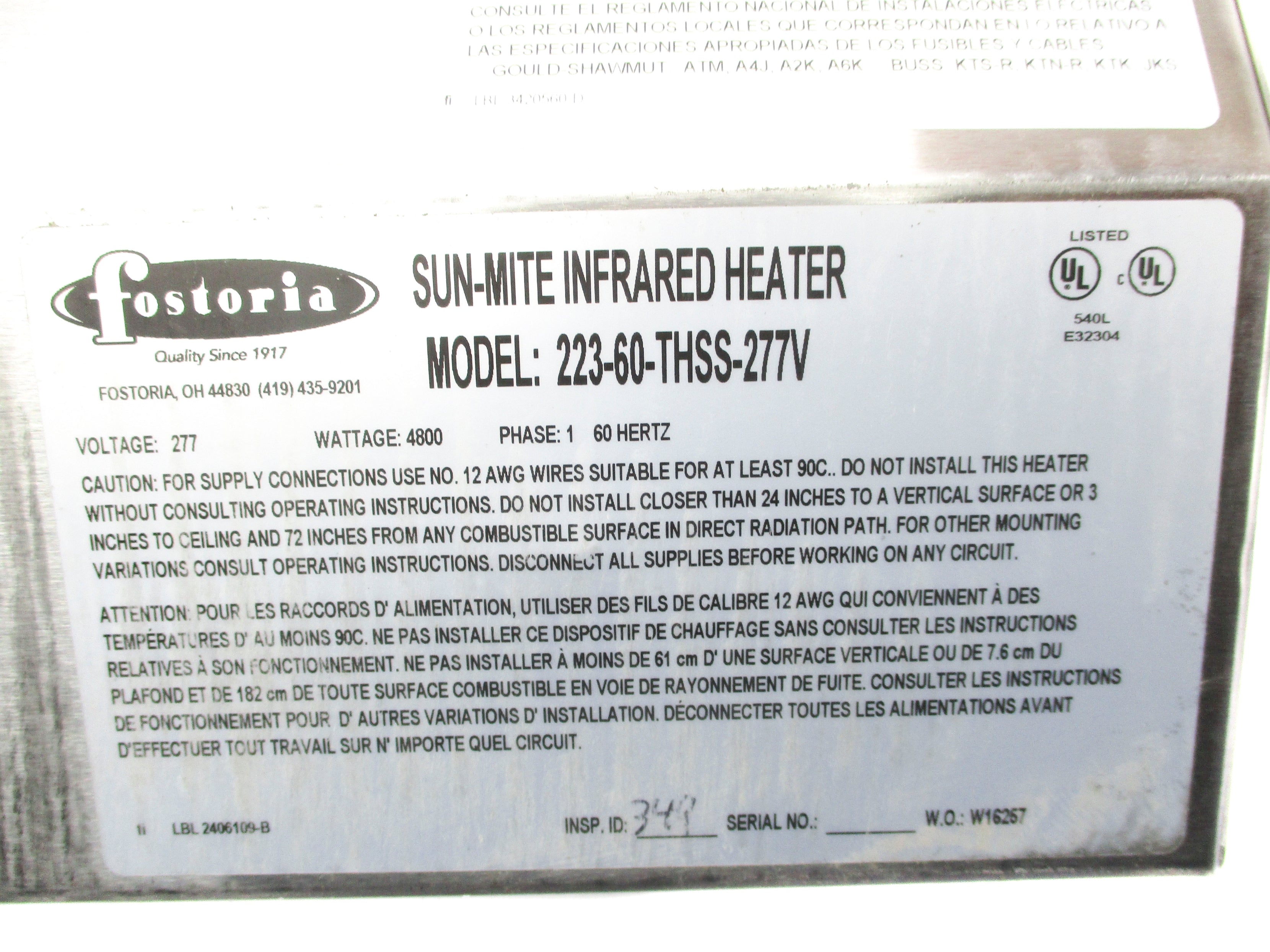 FOSTORIA 223-60-THSS-277V (AS PICTURED) NSNP