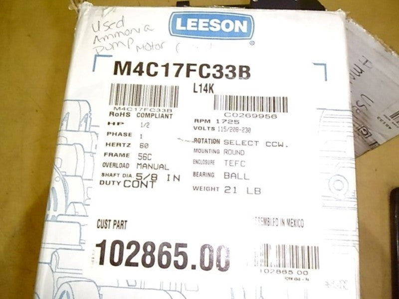 LEESON M4C17FC33B 1/2 HP 1725 RPM MOTOR * NEW IN BOX *