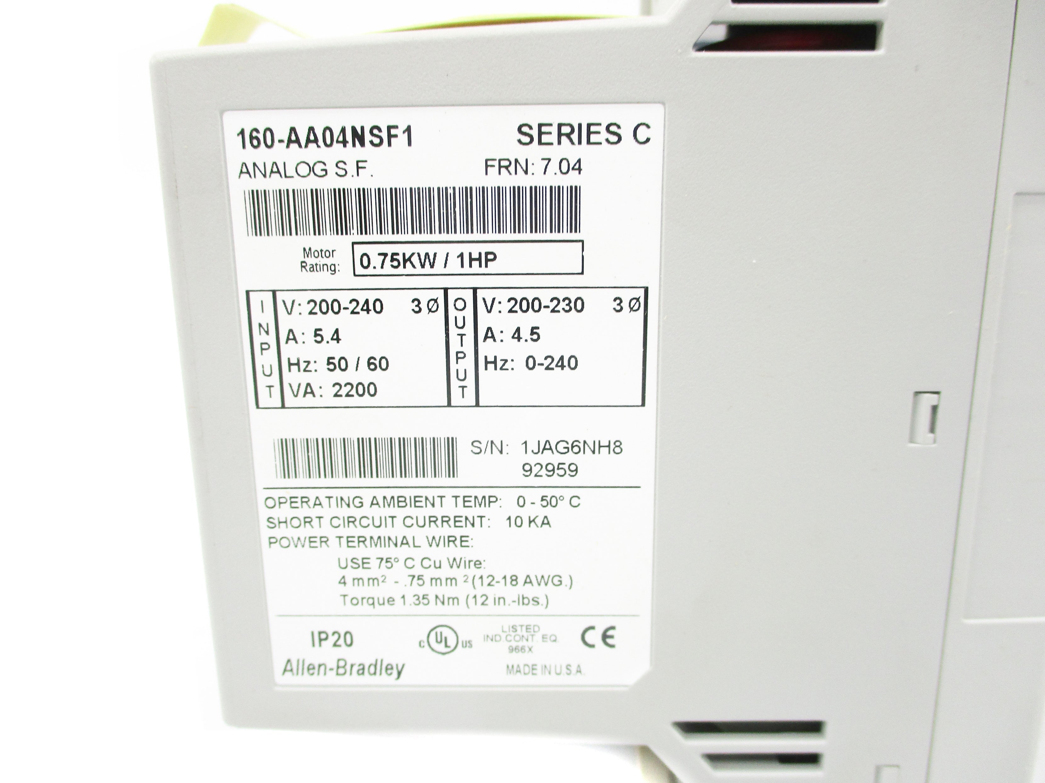 ALLEN BRADLEY 160-AA04NSF1 SER. C F/W 7.04 (BR/WH) NSMP