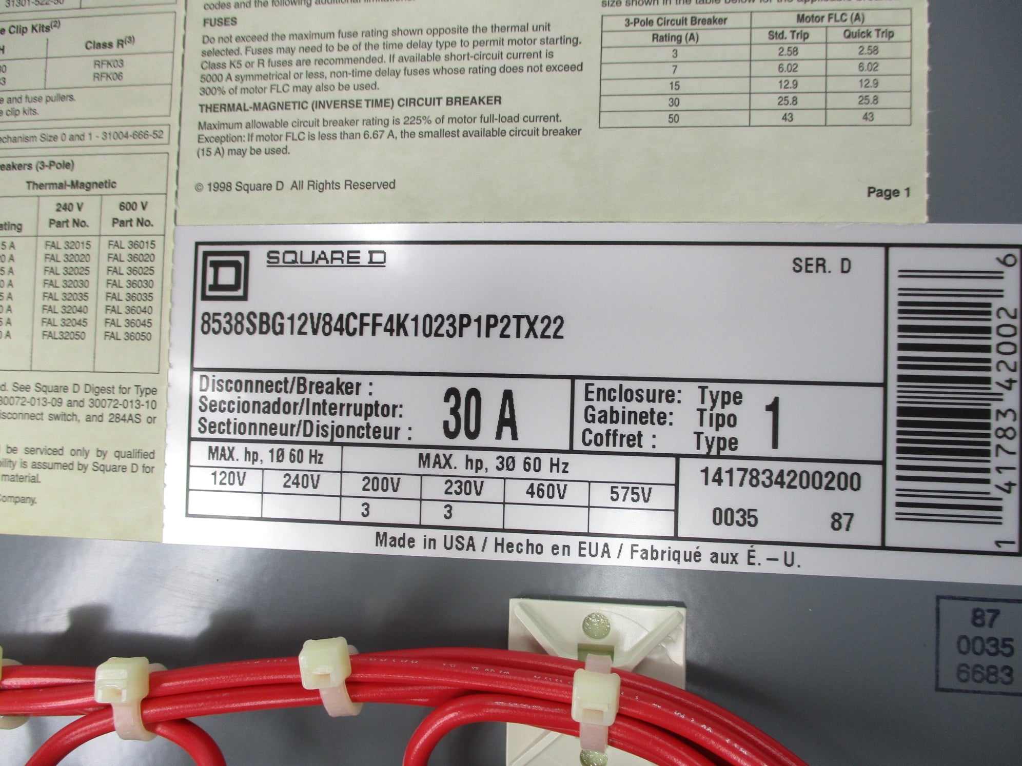 SQUARE D 8538SBG12V84CFF4K1023P1P2TX22 SER. D NSMP