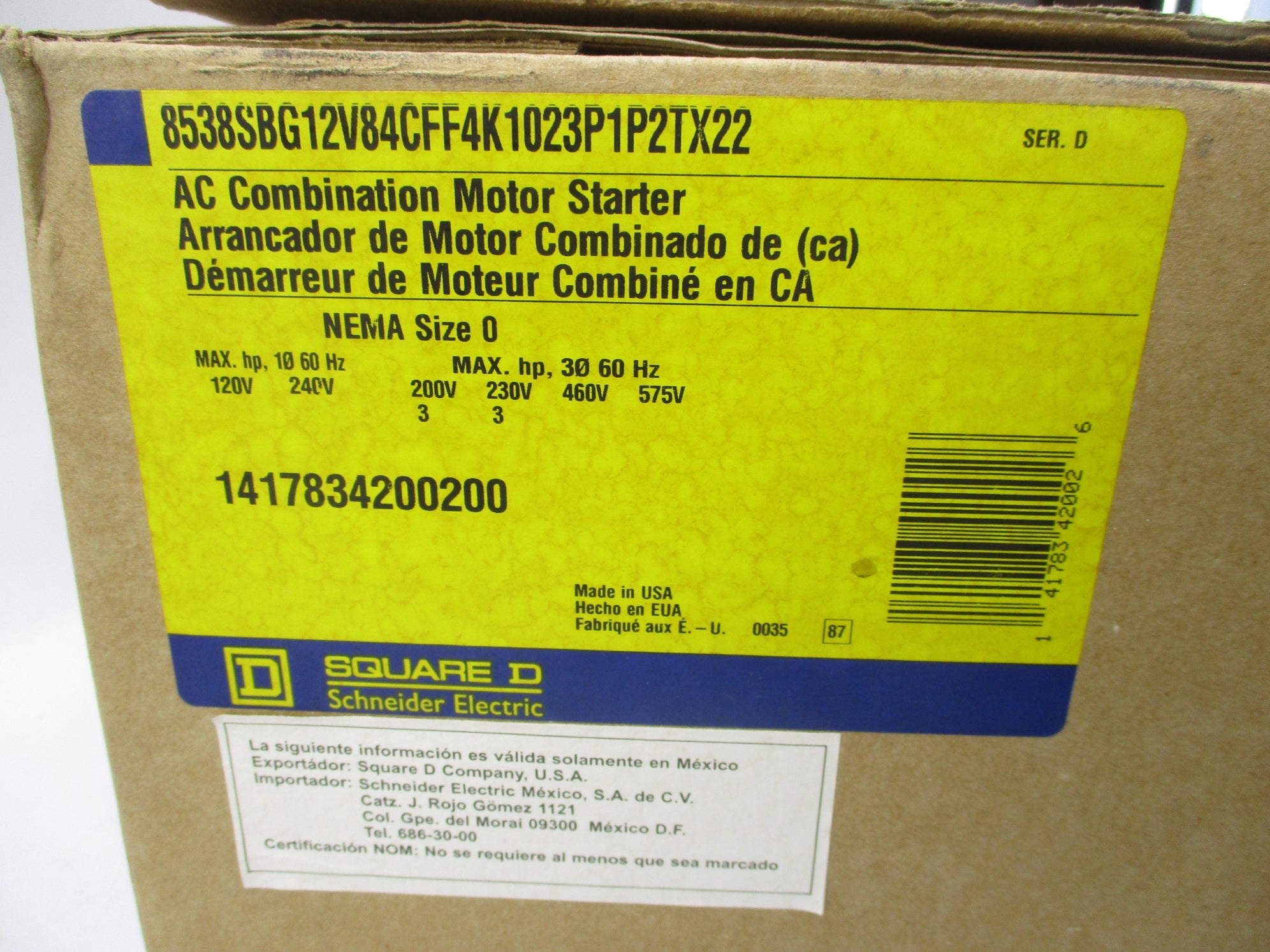 SQUARE D 8538SBG12V84CFF4K1023P1P2TX22 SER. D NSFS