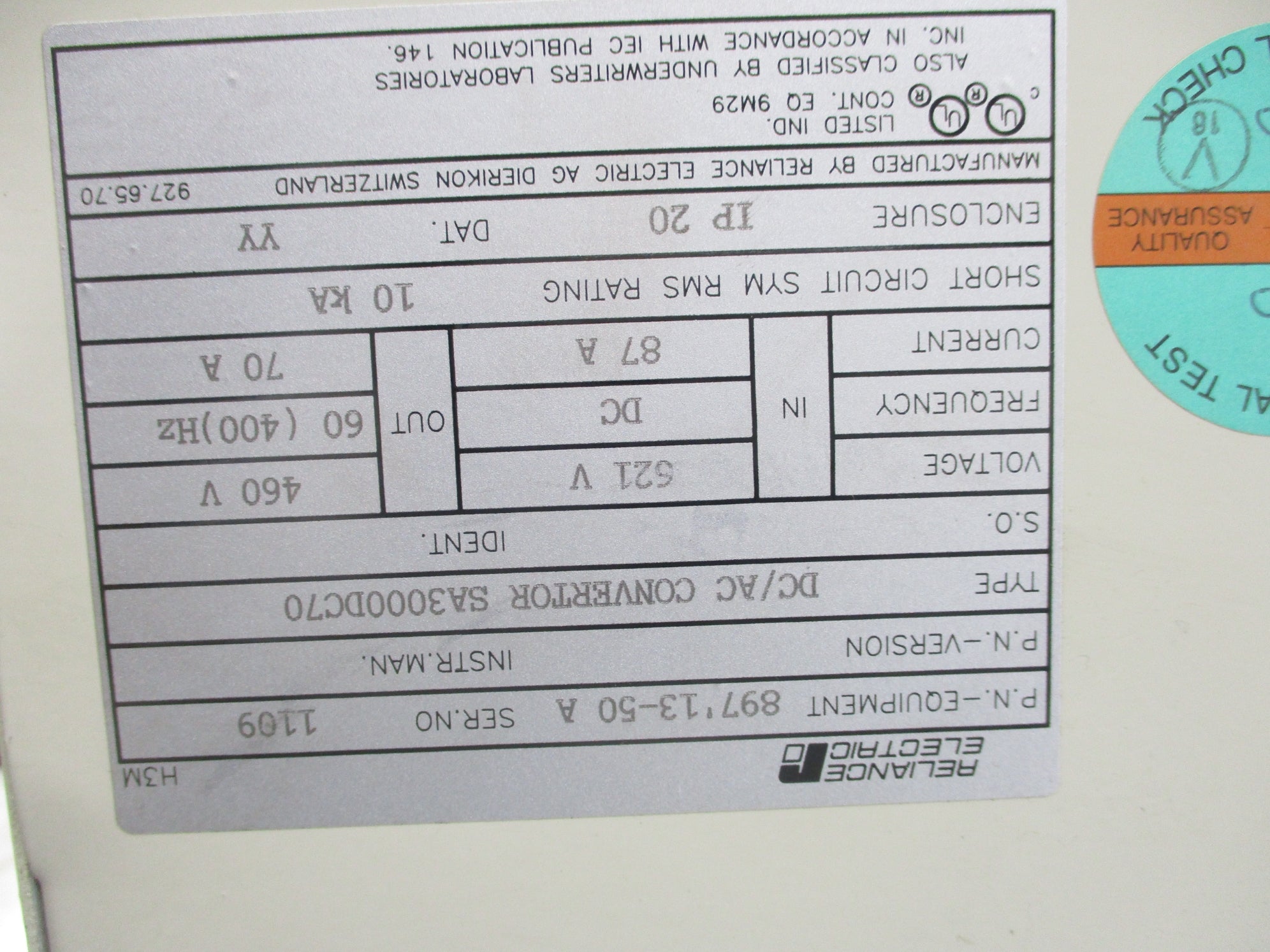 RELIANCE ELECTRIC SA3000DC70 NSNP
