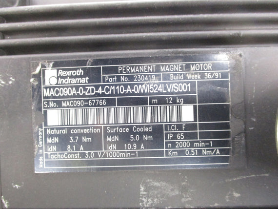 REXROTH INDRAMAT MAC090A-0-ZD-4-C/110-A-0/WI524LV/S001 UNMP