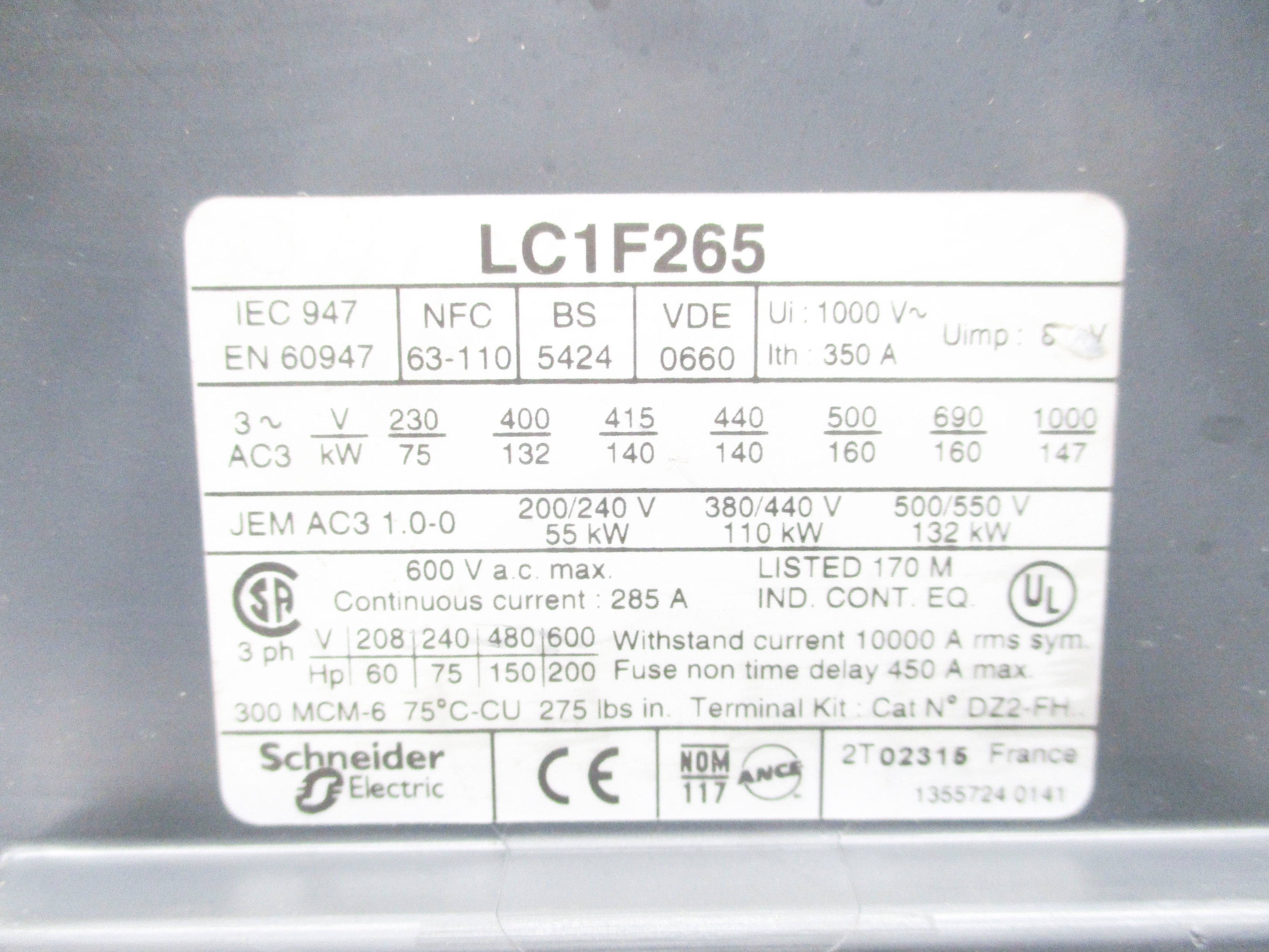 SCHNEIDER ELECTRIC LC1F265 600VAC 285A UNMP