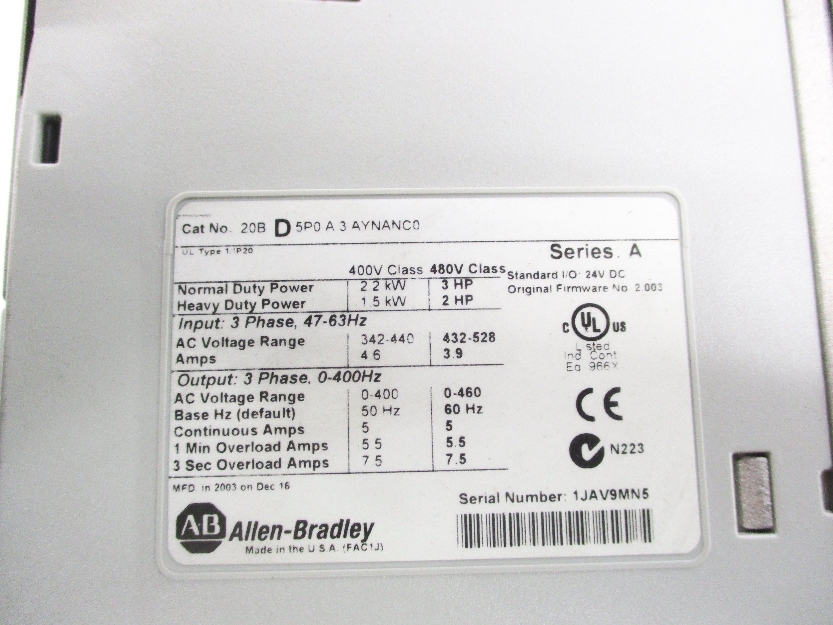 INDUSTRIAL SPARE PART 20BD5P0A3AYNANC0 SER. A F/W 2.003 (AS PICTURED) NSMP
