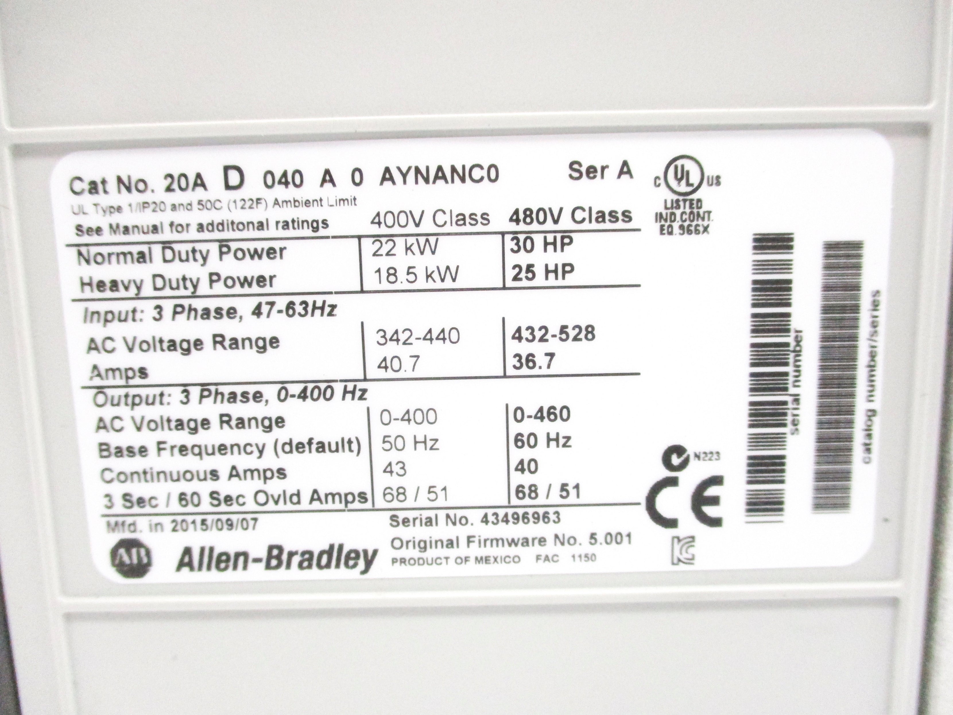 ALLEN BRADLEY 20AD040A0AYNANC0 SER. A F/W 5.001 NSMP