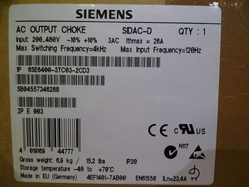 SIEMENS 1P 6SE6400-3TC03-2CD3 OUTPUT REACTOR * FACTORY SEAL *