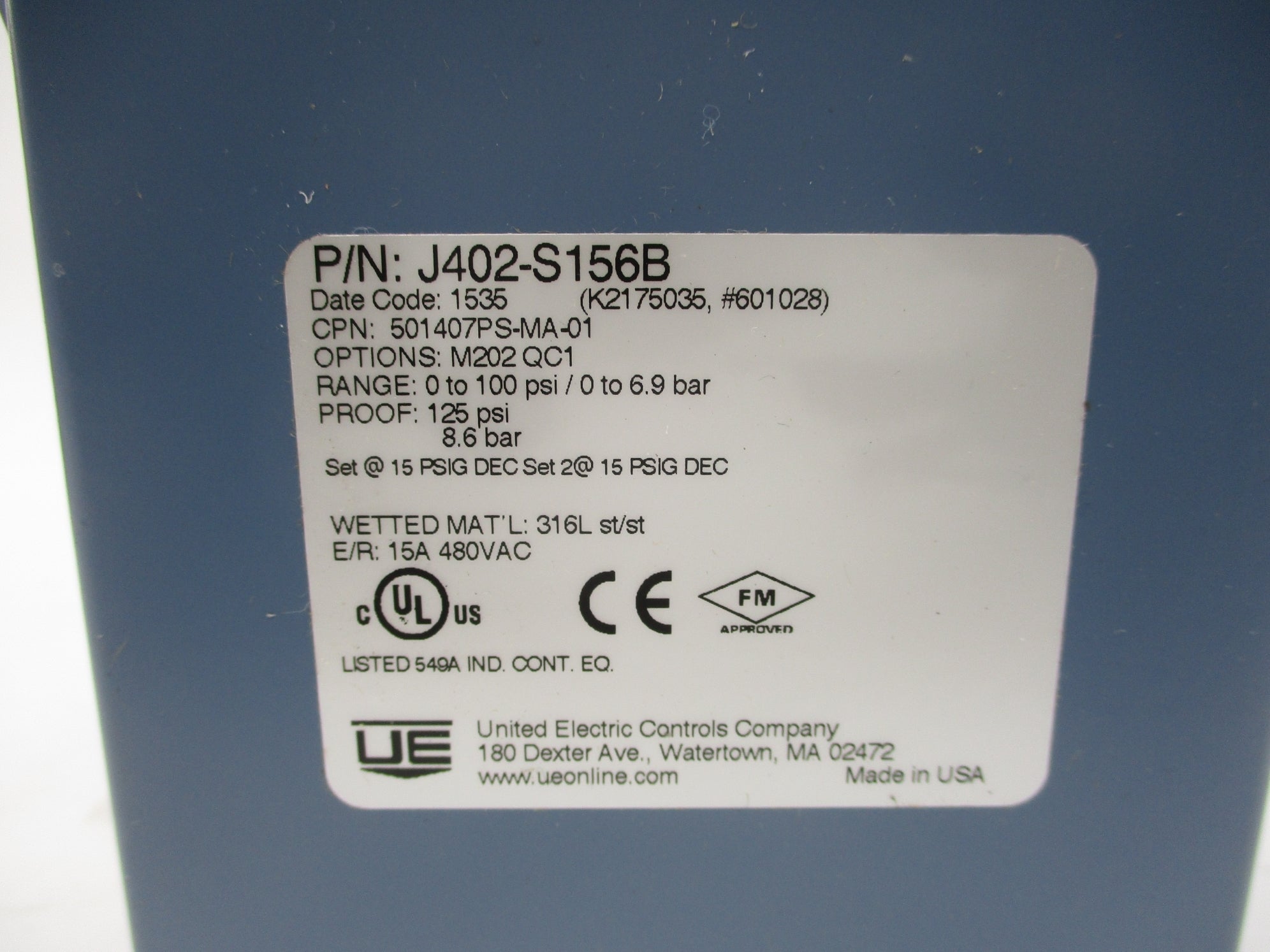 UNITED ELECTRIC J402-S156B 480VAC 15A 0-100PSI NSMP