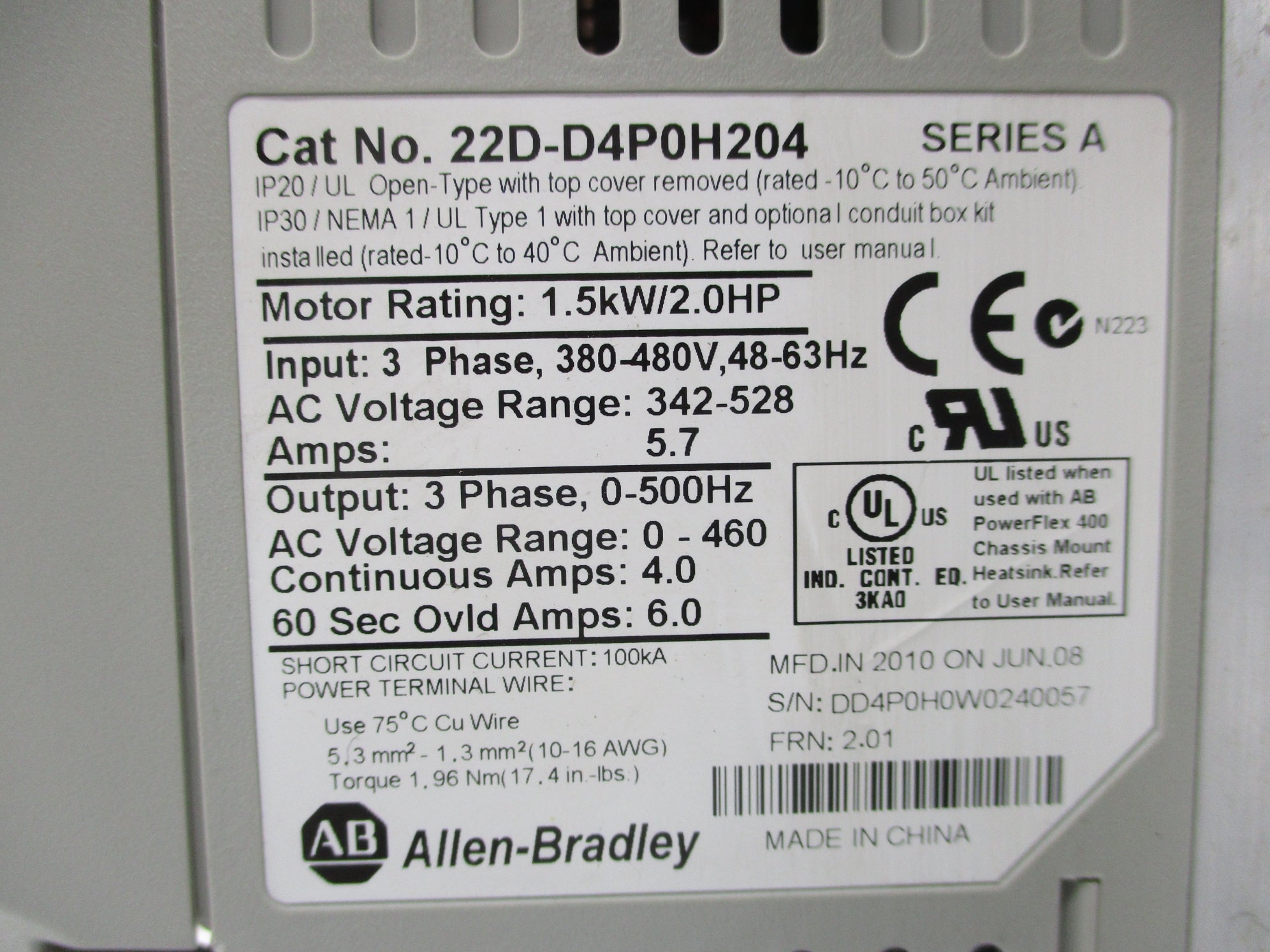 ALLEN BRADLEY 22D-D4P0H204 SER. A F/W 2.01 NSNP