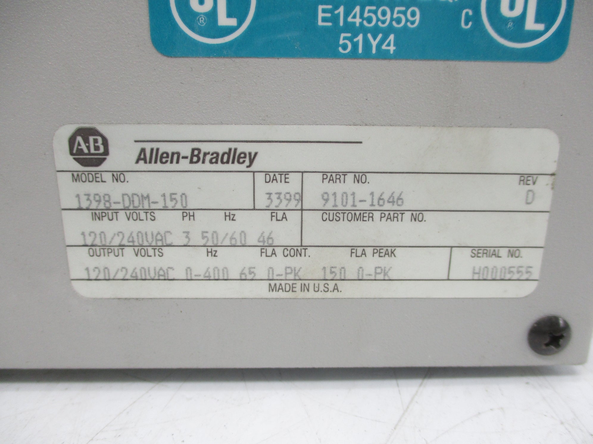 ALLEN BRADLEY 1398-DDM-150 F/W D UNMP