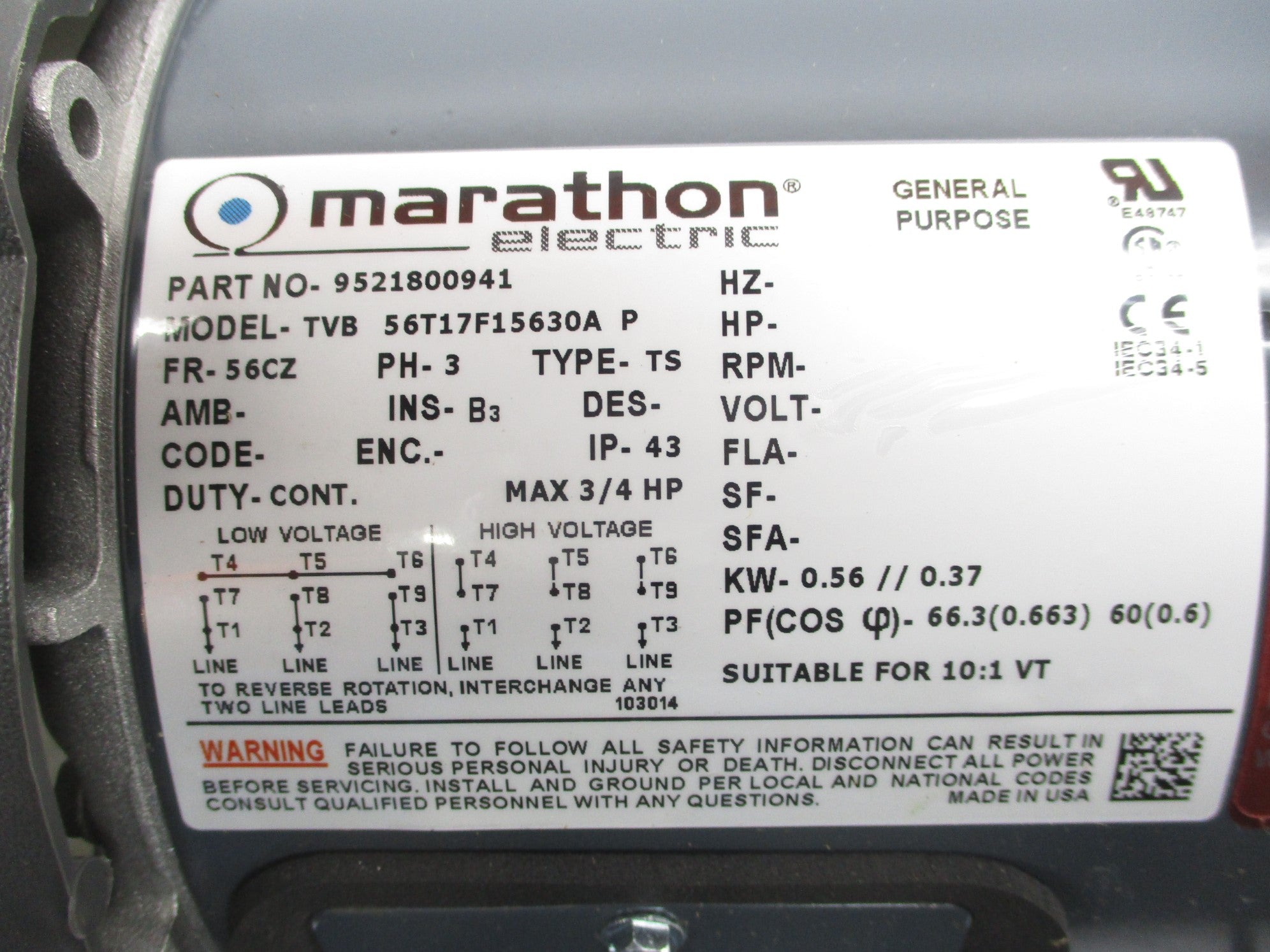 MARATHON ELECTRIC 9521800941 56T17F15630A NSNP