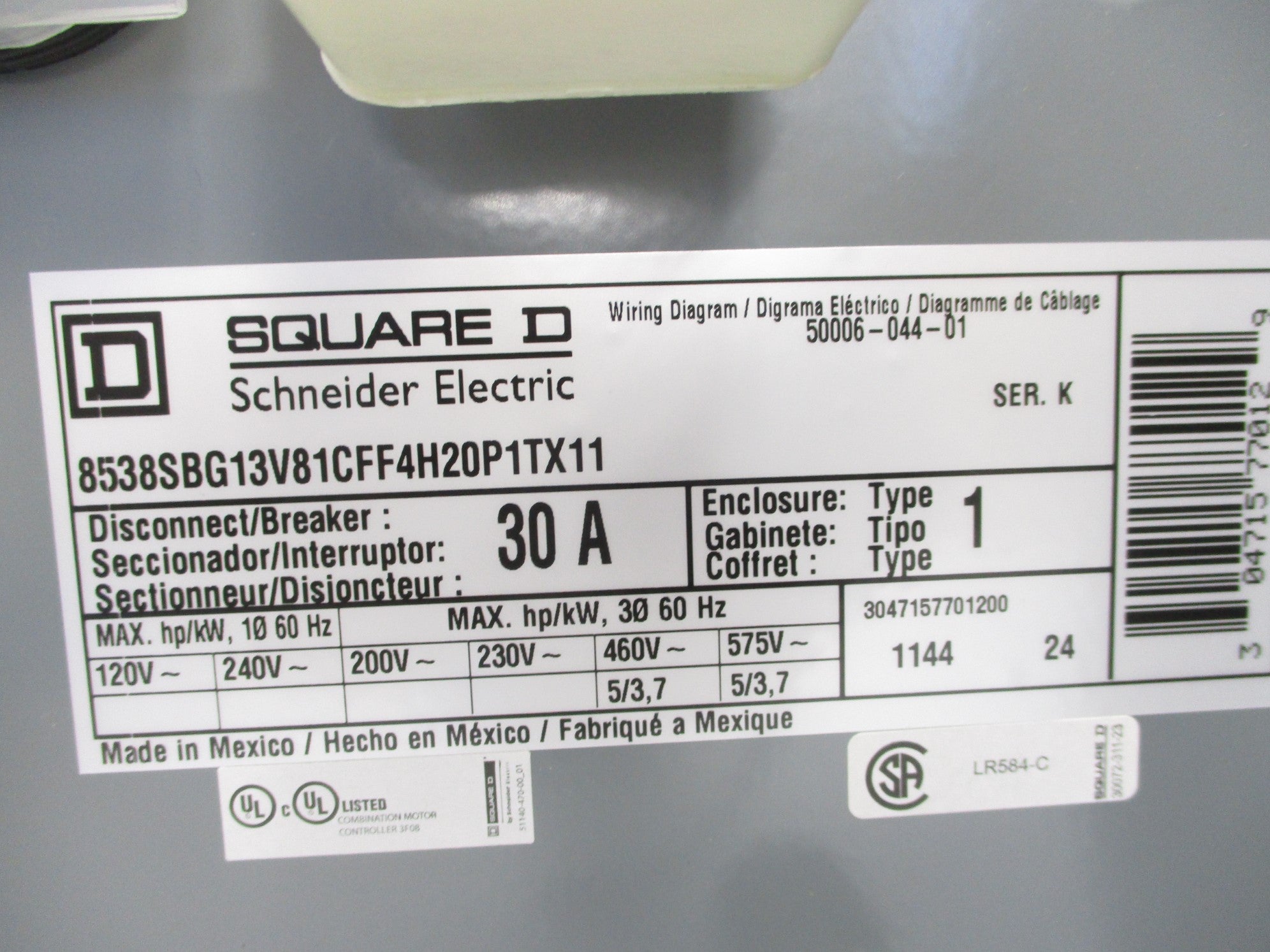 SQUARE D 8538SBG13V81CFF4H20P1TX11 SER. K NSMP