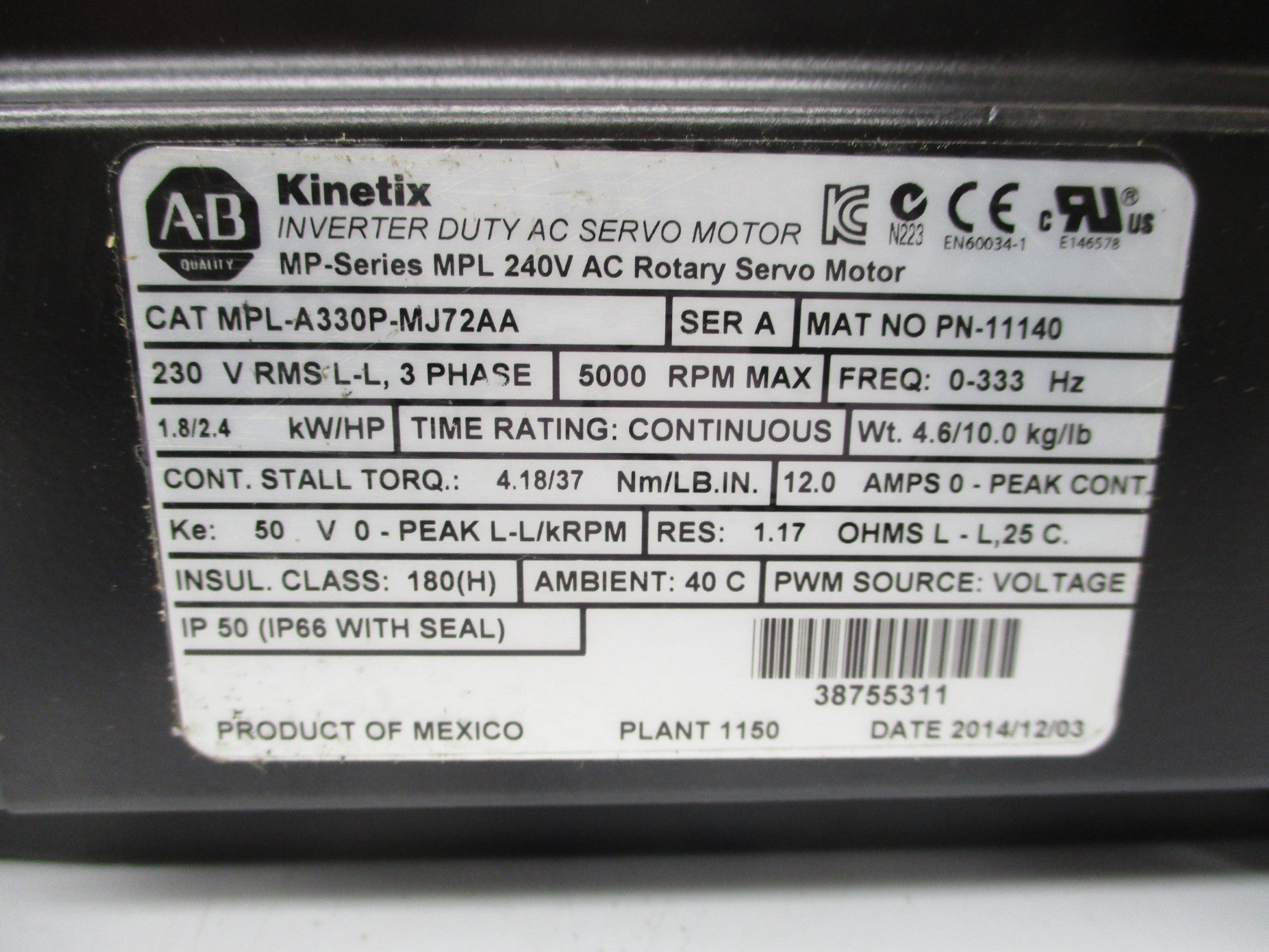 ALLEN BRADLEY MPL-A330P-MJ72AA SER. A NSNP