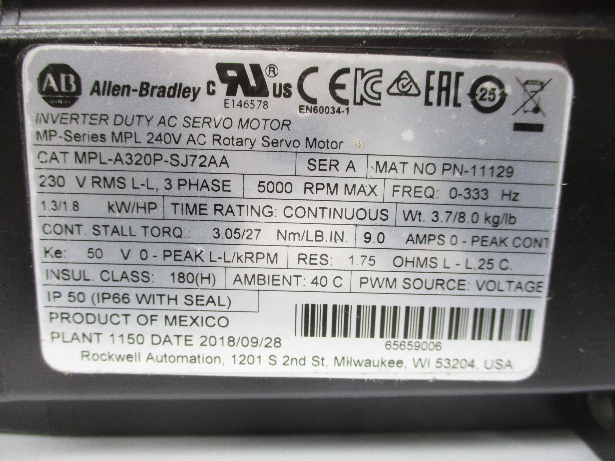 ALLEN BRADLEY MPL-A320P-SJ72AA SER. A NSNP