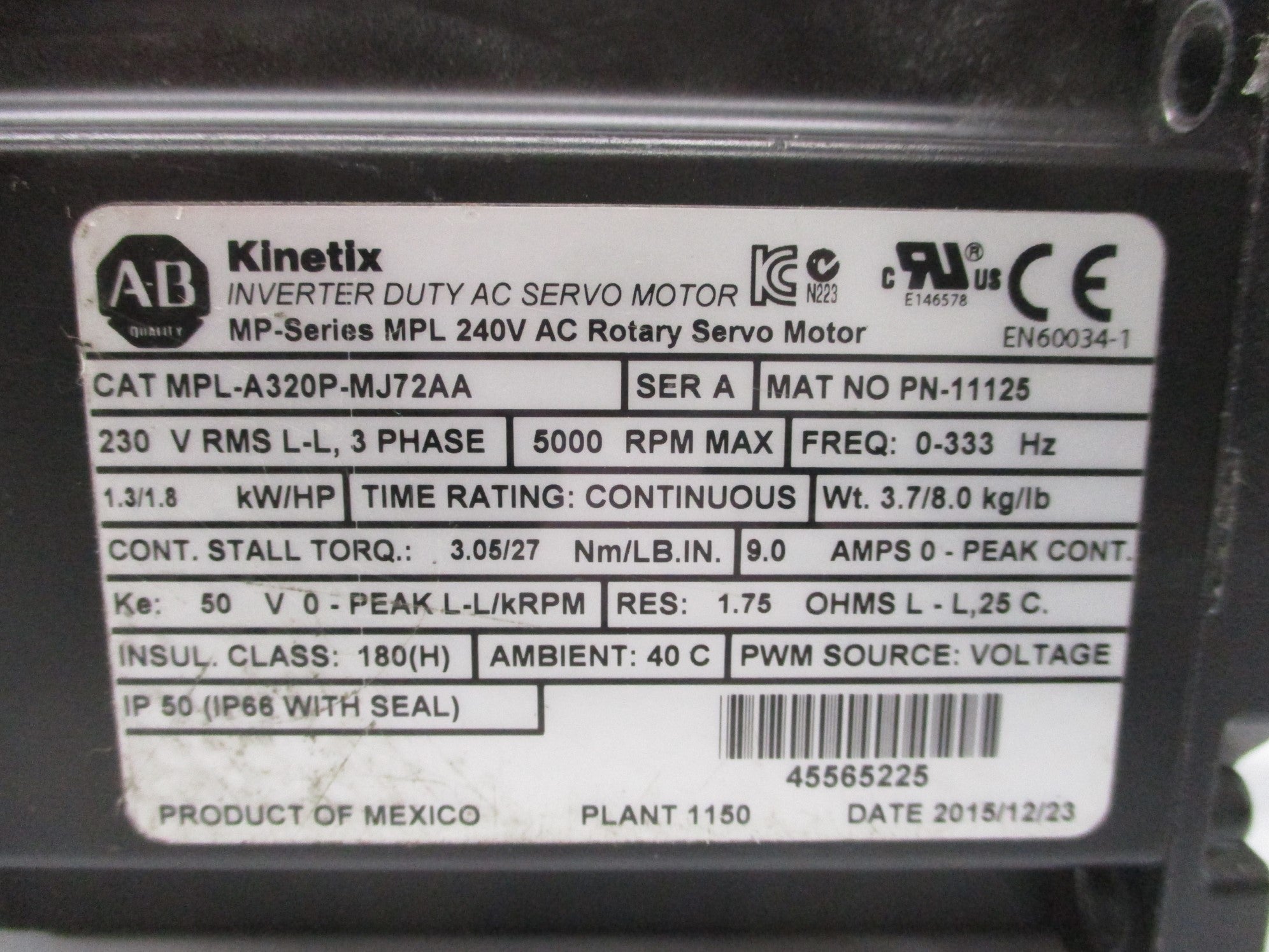 ALLEN BRADLEY MPL-A320P-MJ72AA SER. A UNMP