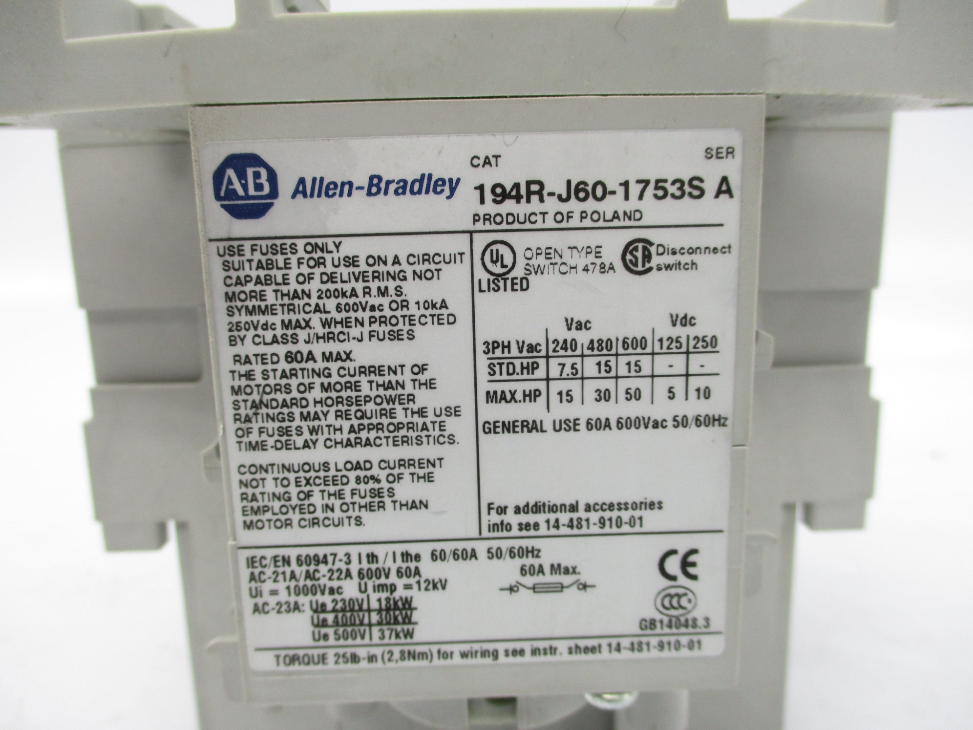 ALLEN BRADLEY 194R-J60-1753S SER. A (AS PICTURED) UNMP